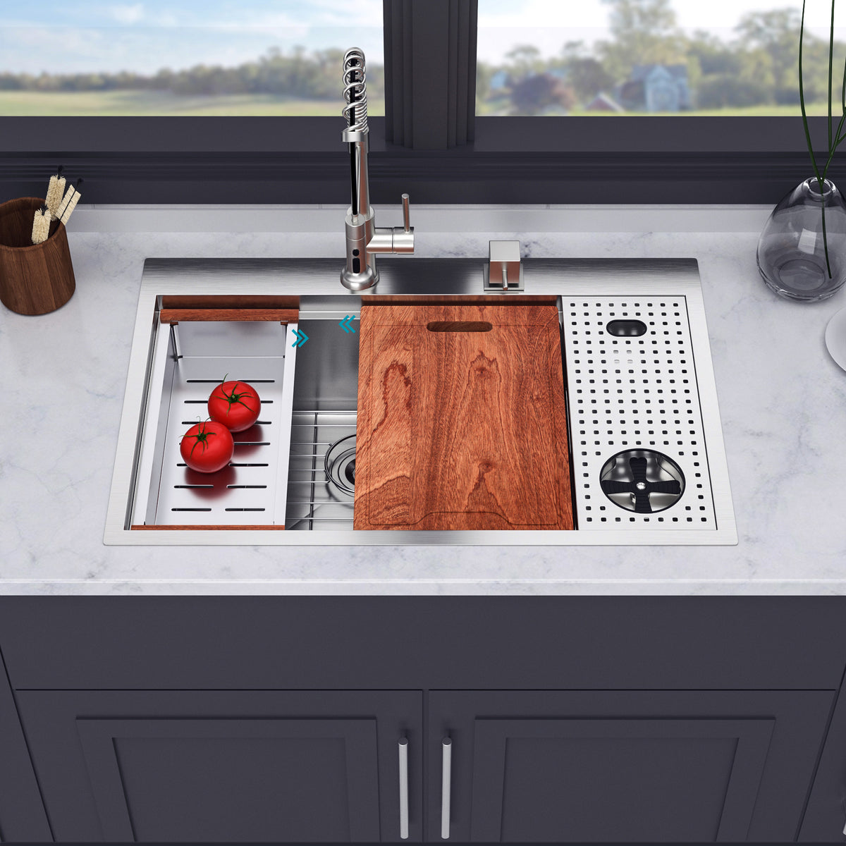 RAINLEX 33" x 22" Drop-In Workstation Kitchen Sink in Stainless Steel - RX-SS42-3322