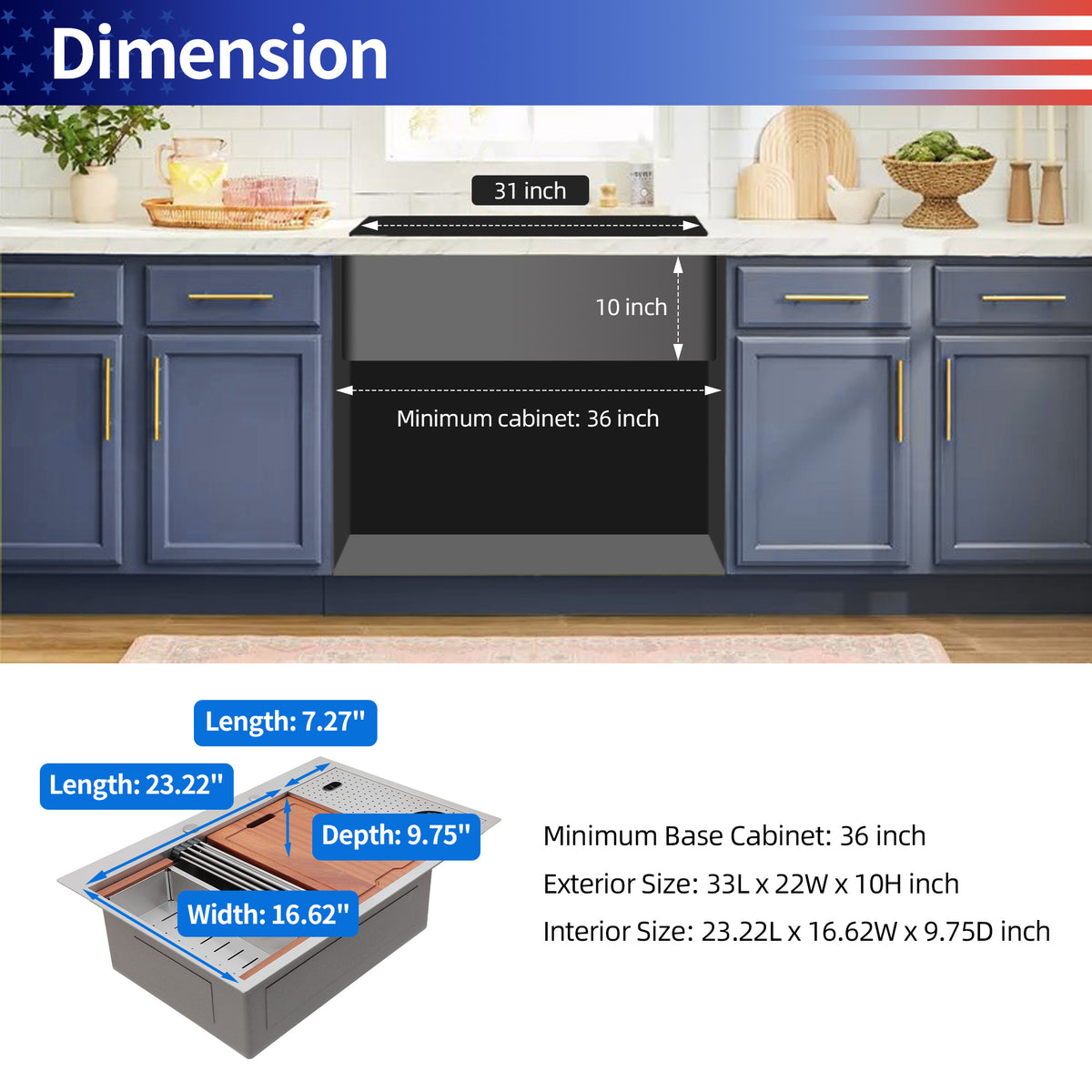 RAINLEX 33" x 22" Drop-In Workstation Kitchen Sink in Stainless Steel - RX-SS42-3322
