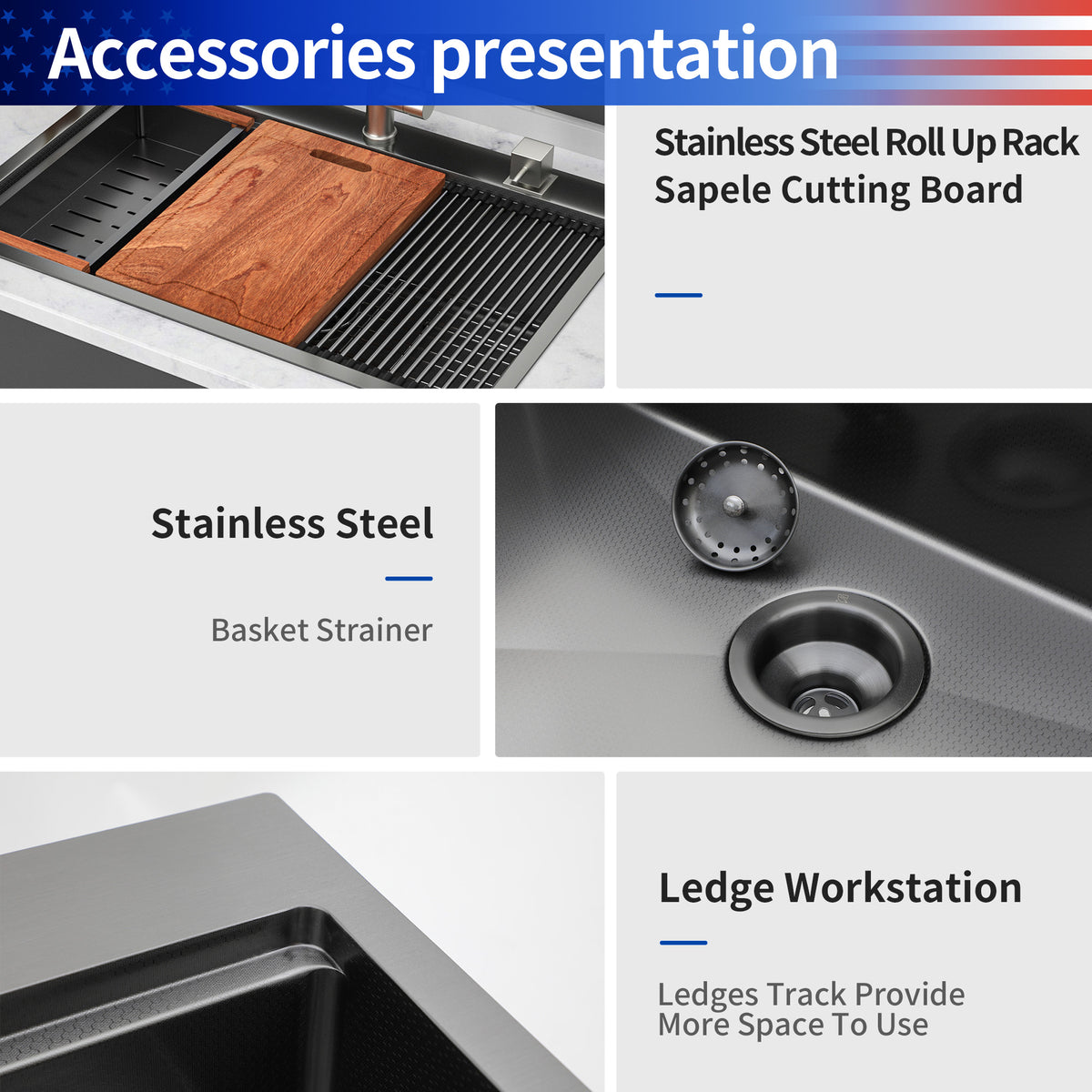 RAINLEX Drop-In Workstation Kitchen Sink in Black Stainless Steel