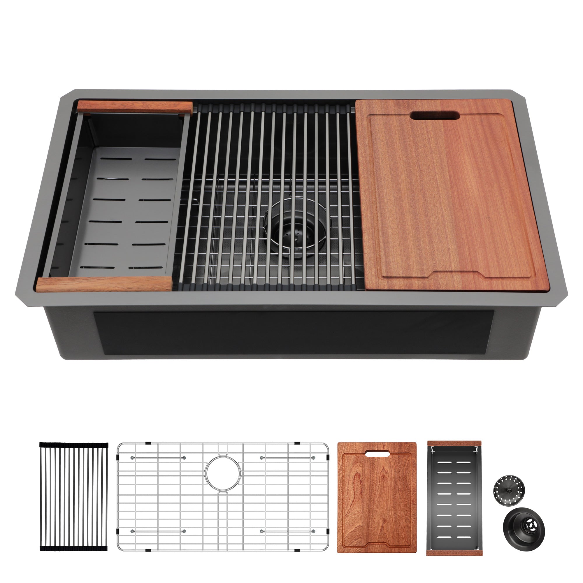 33" x 19" Undermount Single Bowl Workstation Sink, Black Stainless Steel
