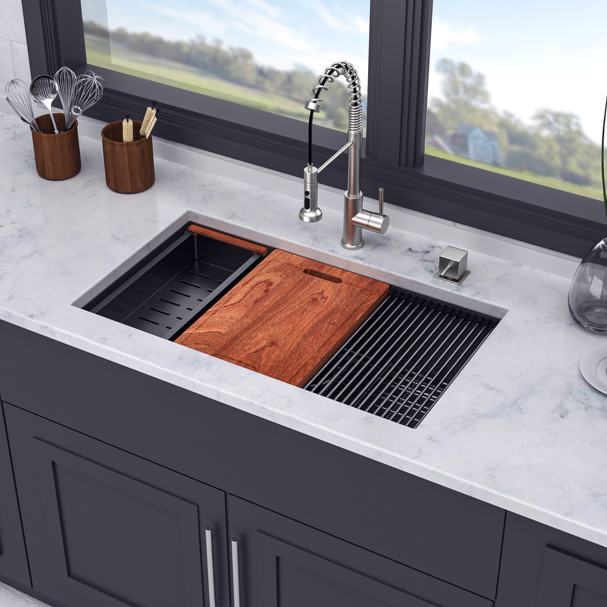 33" x 19" Undermount Single Bowl Workstation Sink, Black Stainless Steel