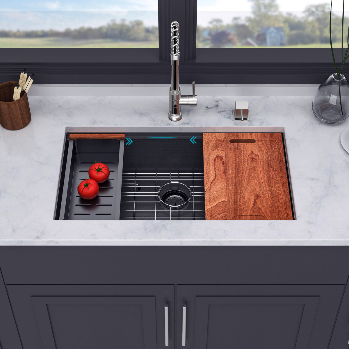 RAINLEX 33" x 19" Undermount Workstation Kitchen Sink in Black Stainless Steel