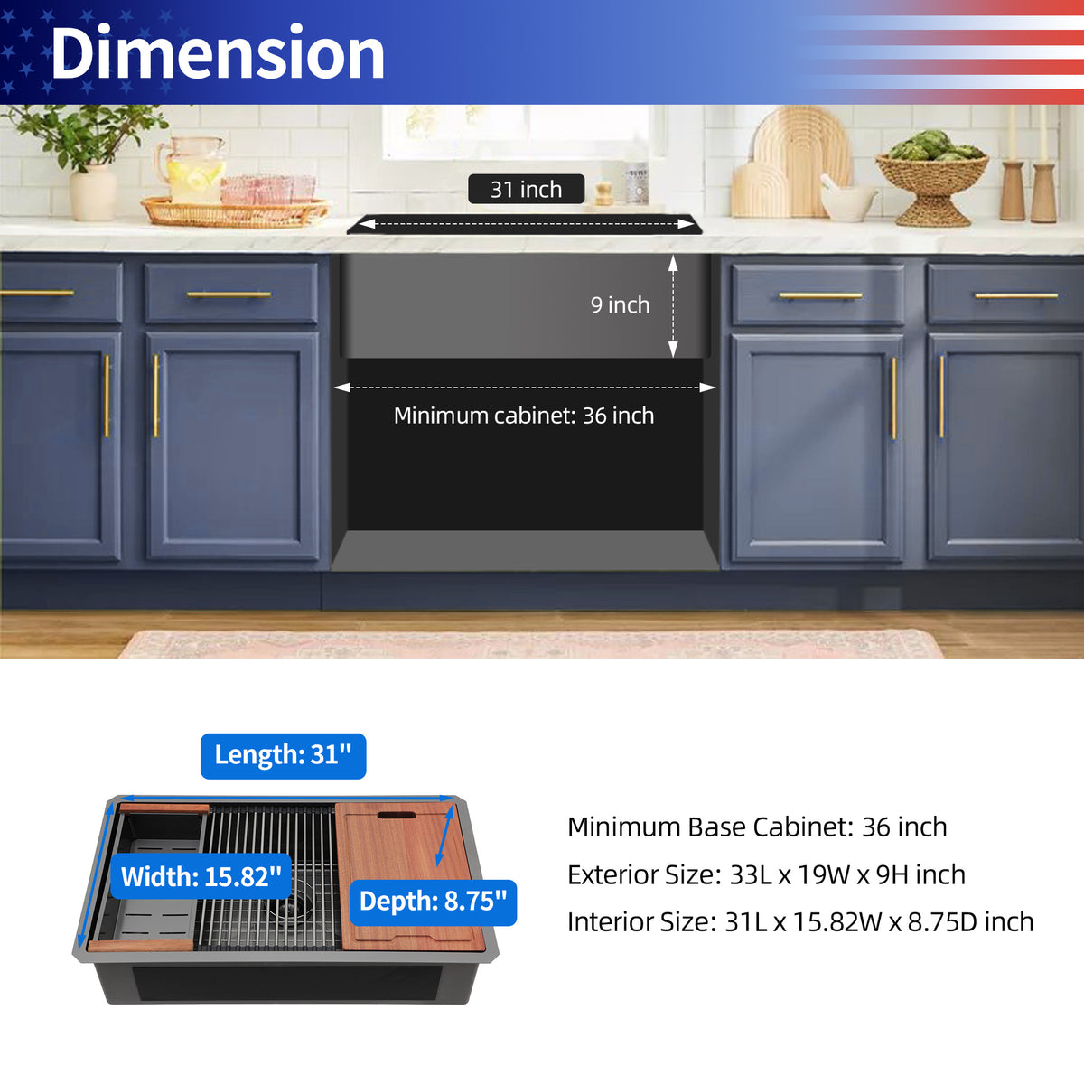 RAINLEX 33" x 19" Undermount Workstation Kitchen Sink in Black Stainless Steel