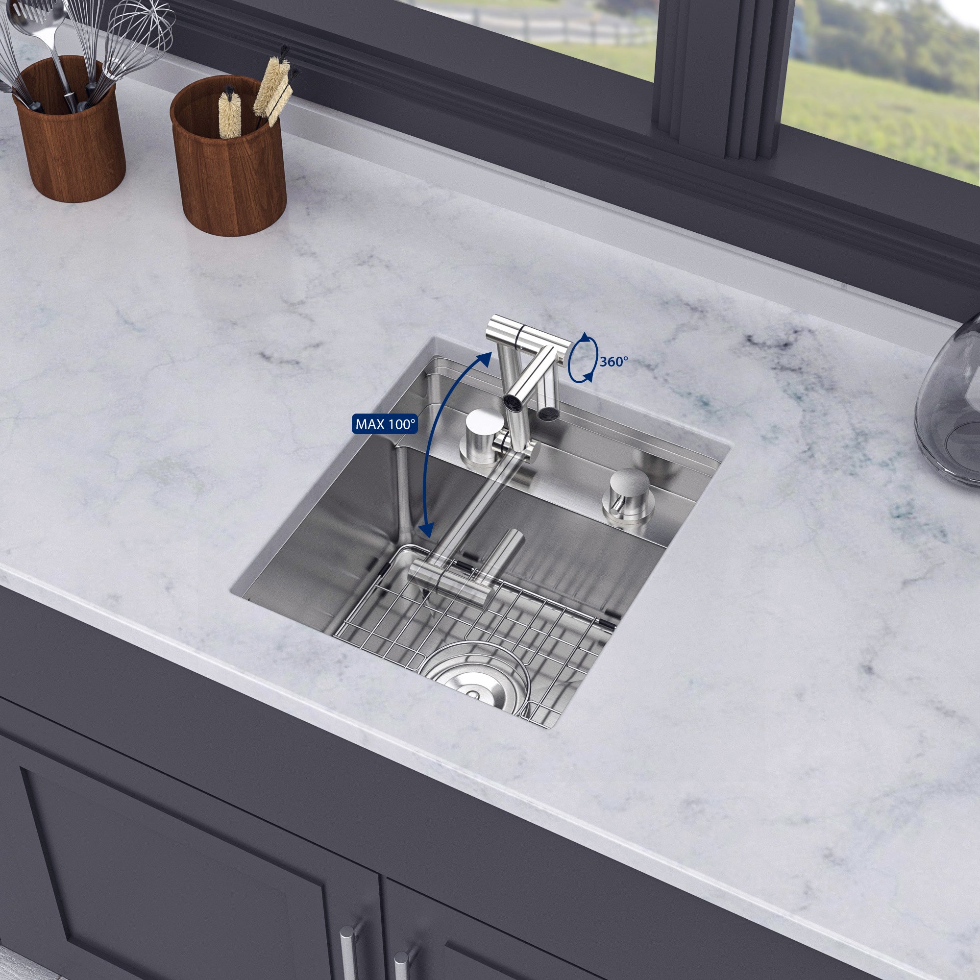 15" x 17" Undermount Single Bowl Workstation Sink, Stainless Steel
