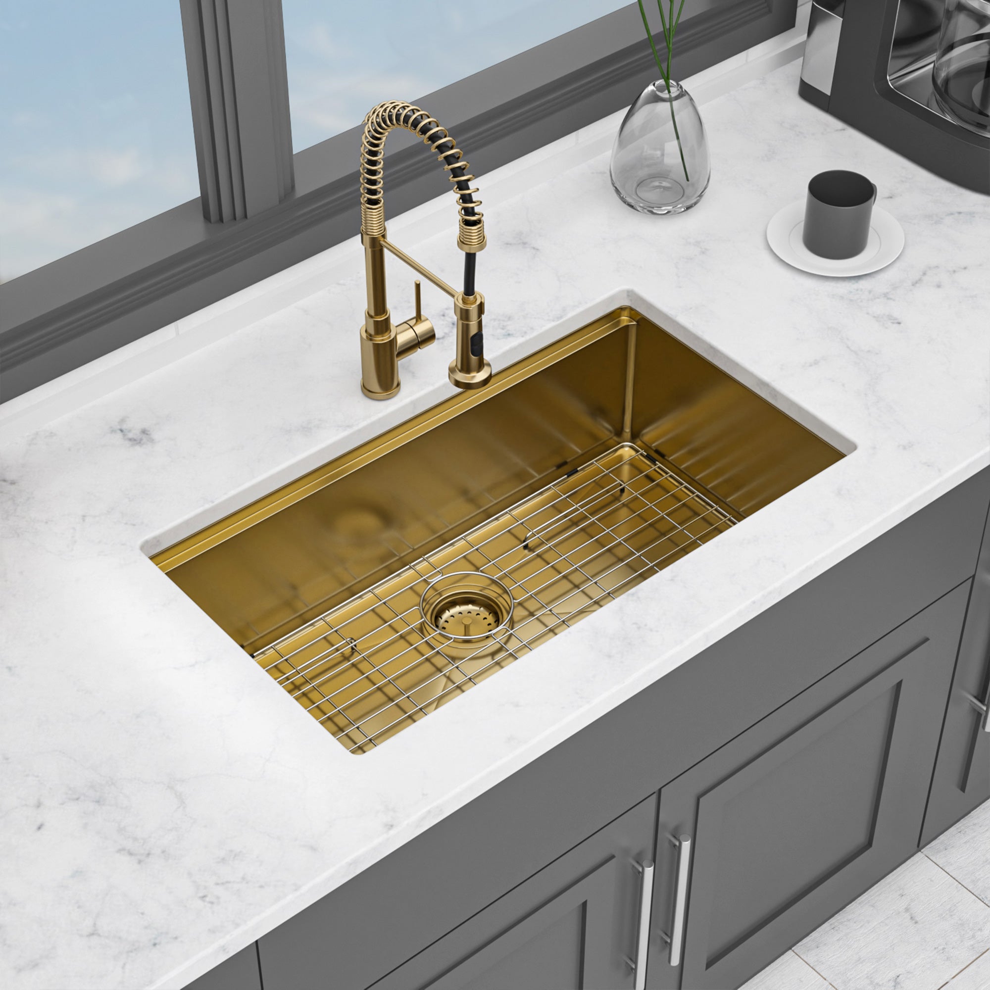 30" Undermount Single Bowl Workstation Sink, 16 Gauge Gold Stainless Steel