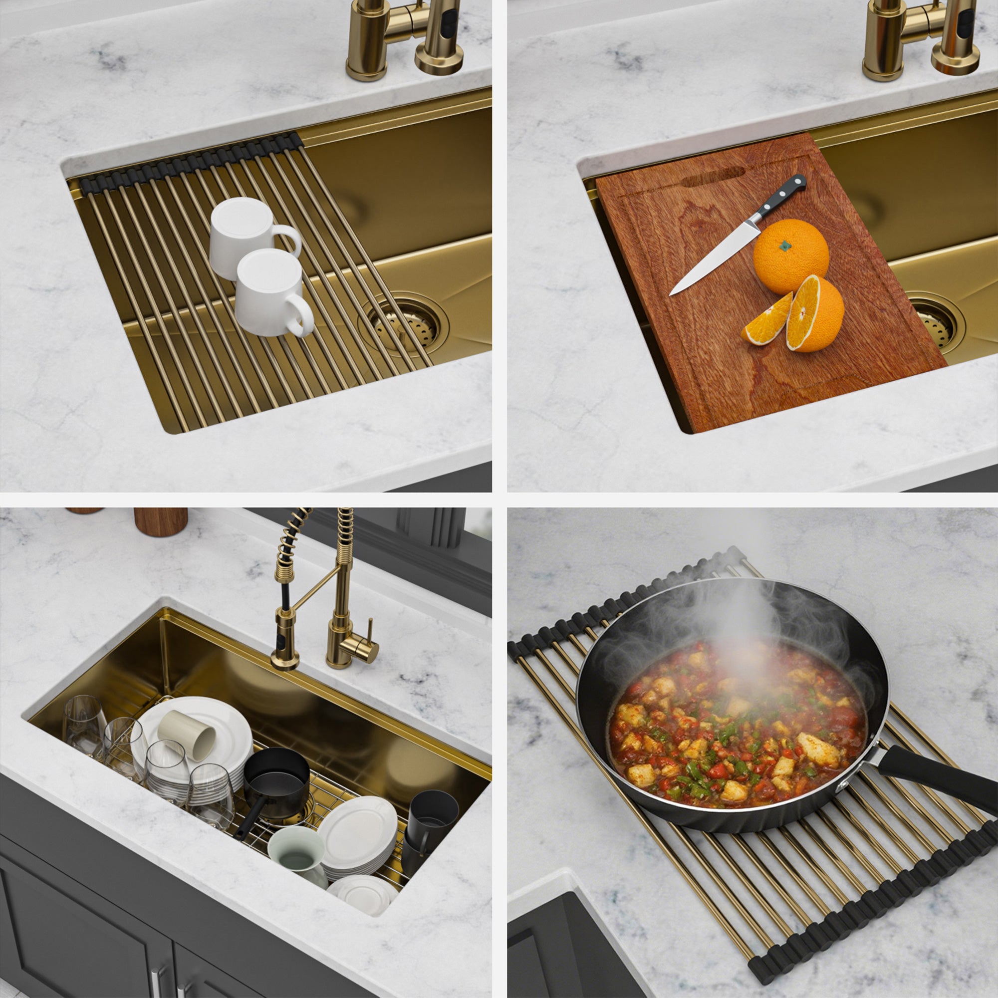 30" Undermount Single Bowl Workstation Sink, 16 Gauge Gold Stainless Steel