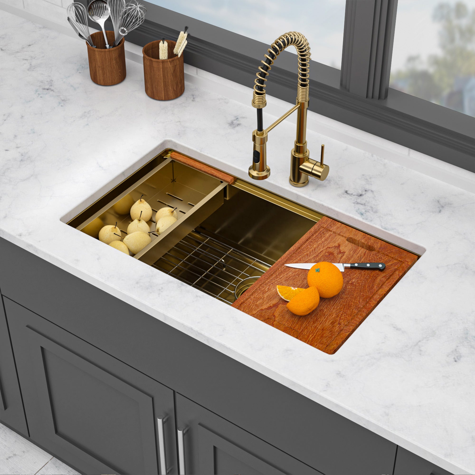 30" Undermount Single Bowl Workstation Sink, 16 Gauge Gold Stainless Steel