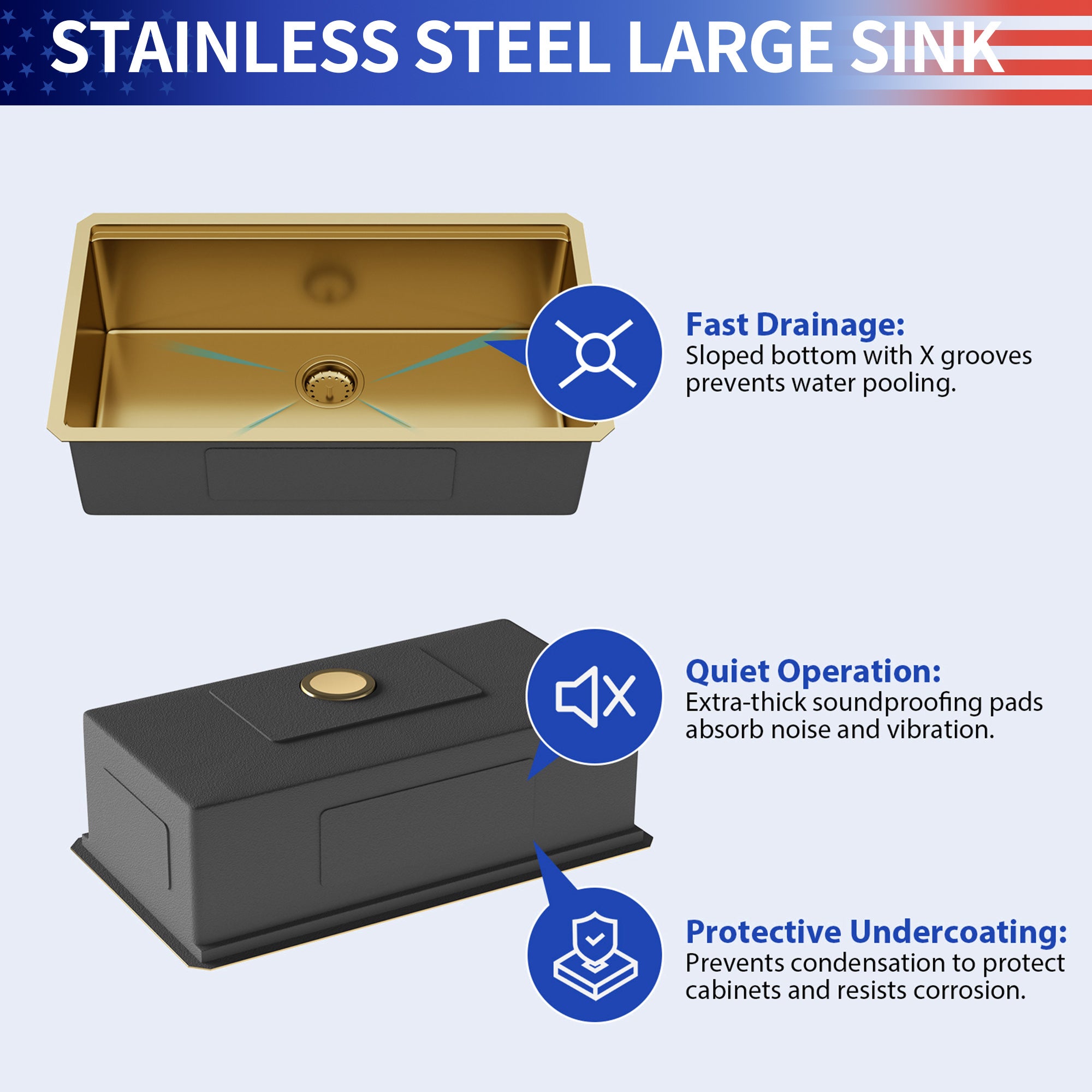 30" Undermount Single Bowl Workstation Sink, 16 Gauge Gold Stainless Steel
