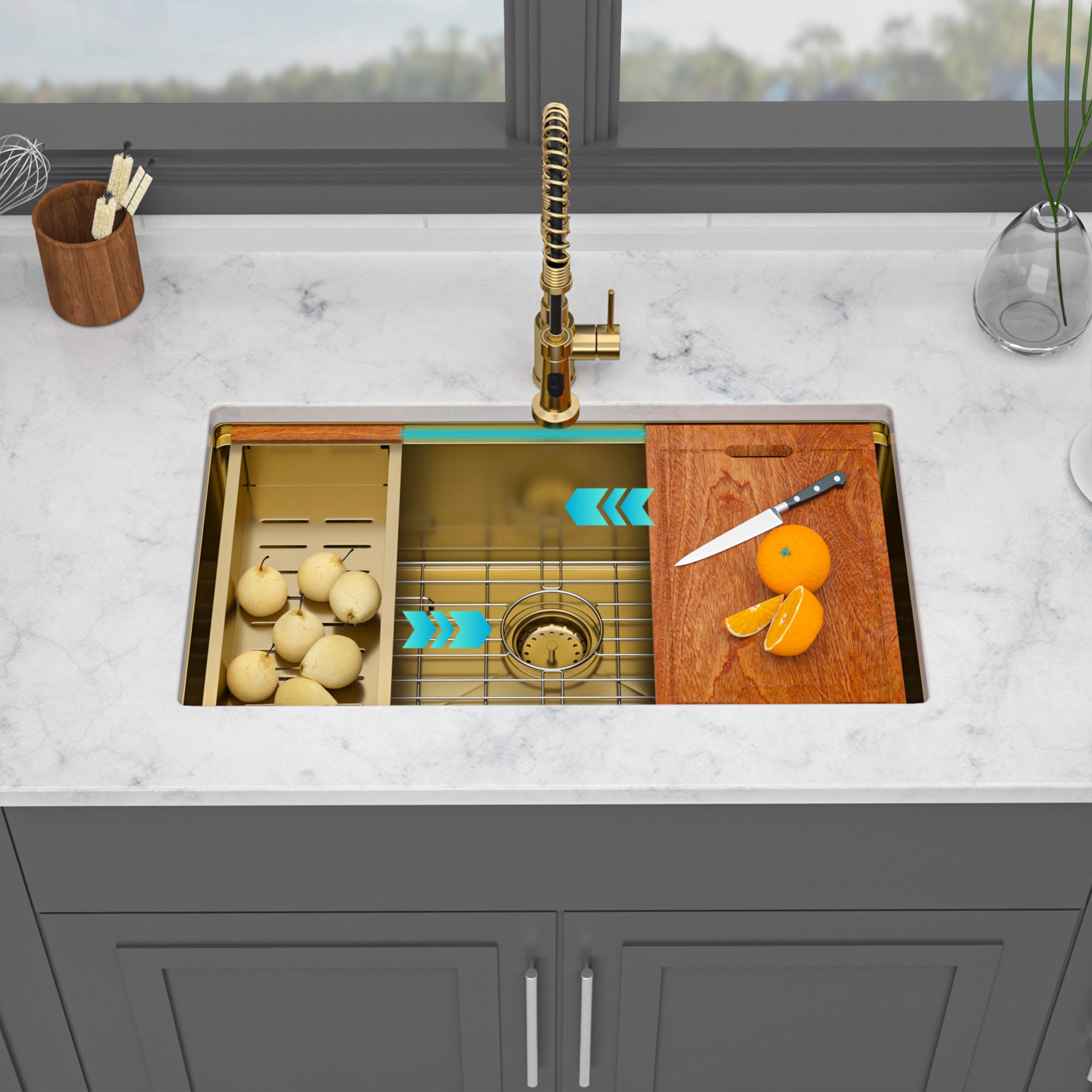 30" Undermount Single Bowl Workstation Sink, 16 Gauge Gold Stainless Steel