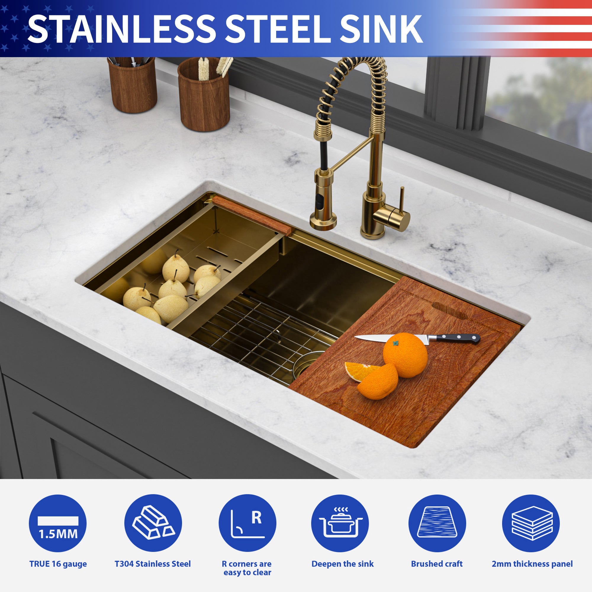 30" Undermount Single Bowl Workstation Sink, 16 Gauge Gold Stainless Steel