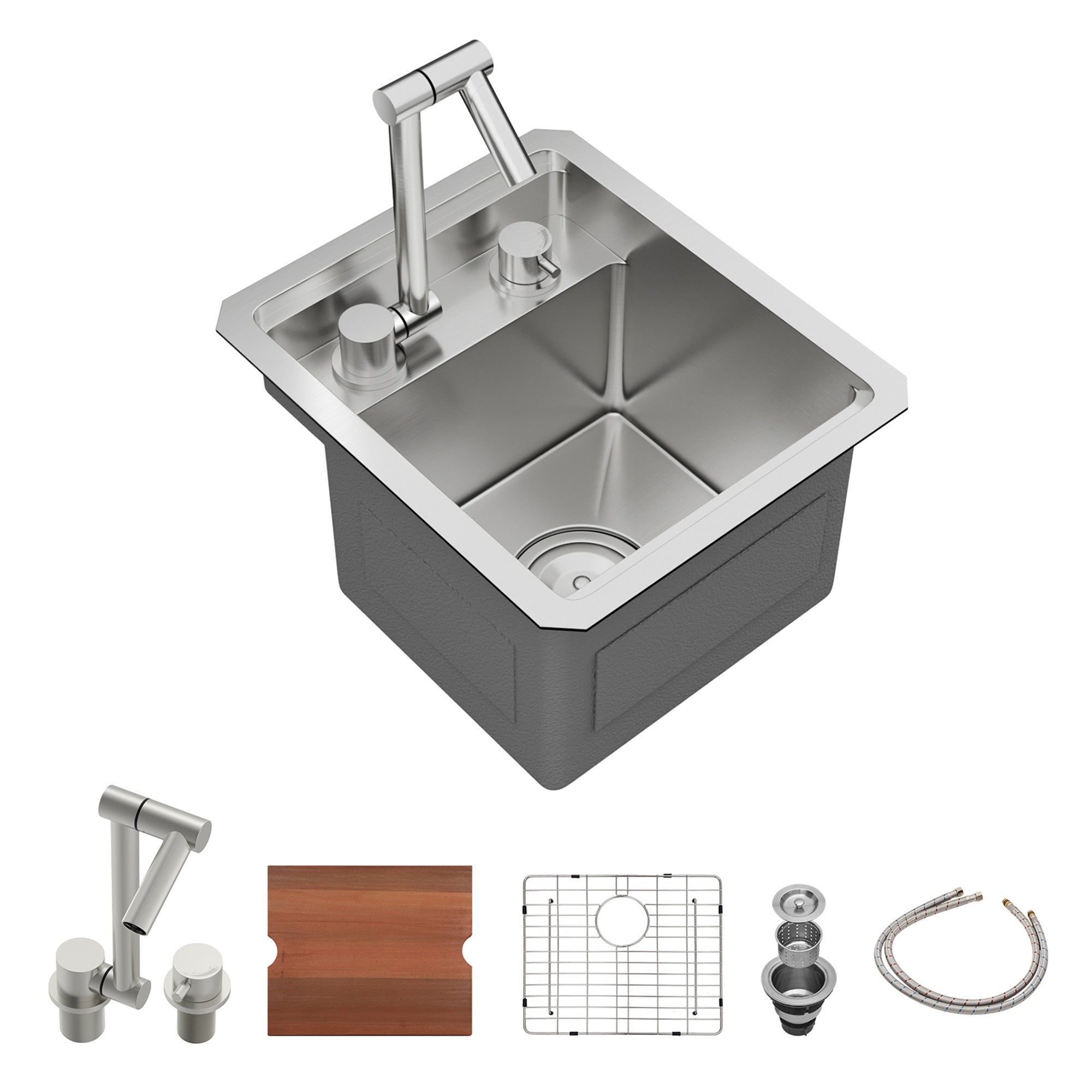 21” Undermount Workstation Bar Sink with Folding Faucet & Cutting Board, 16 Gauge Stainless Steel Single Bowl Prep Sink