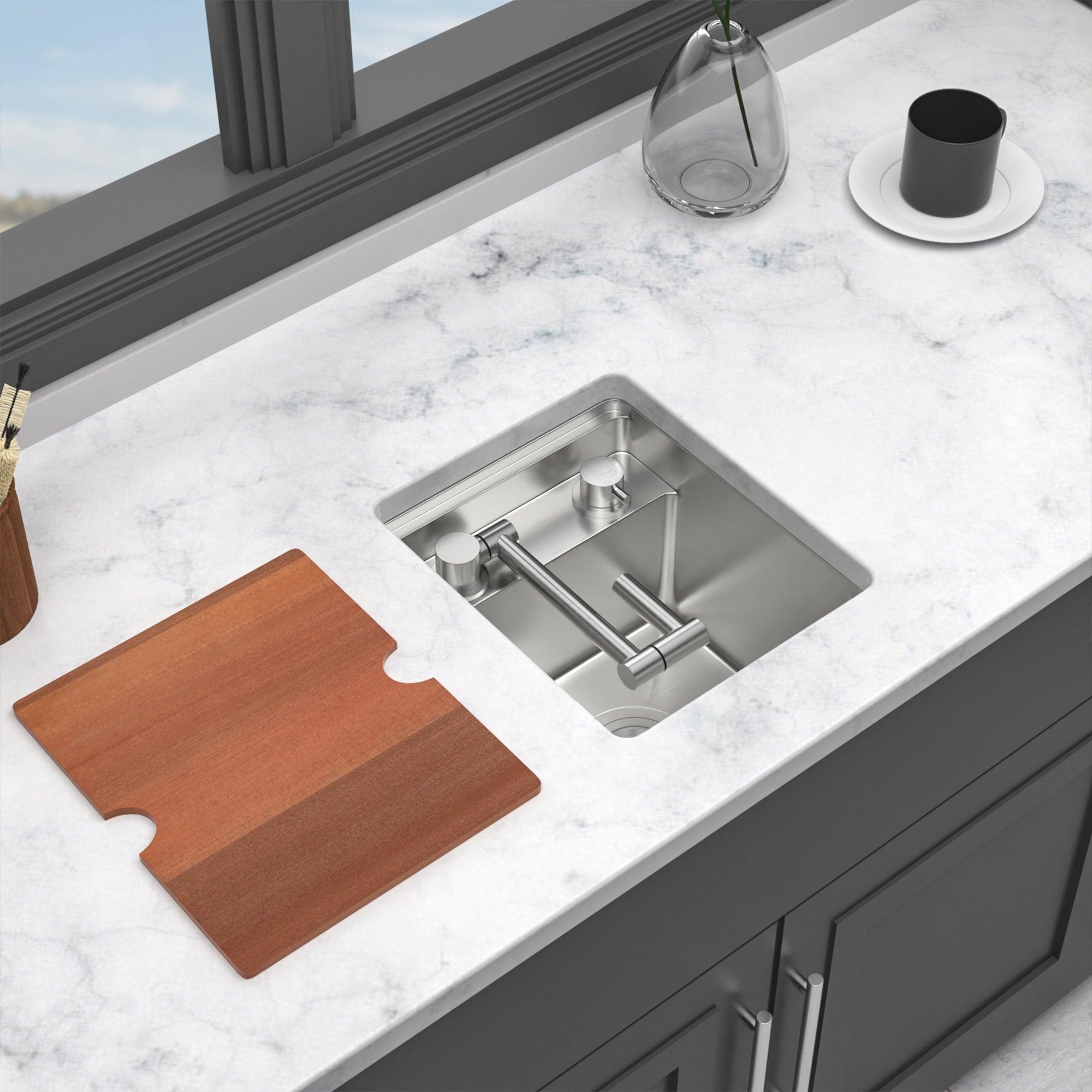 21” Undermount Workstation Bar Sink with Folding Faucet & Cutting Board, 16 Gauge Stainless Steel Single Bowl Prep Sink