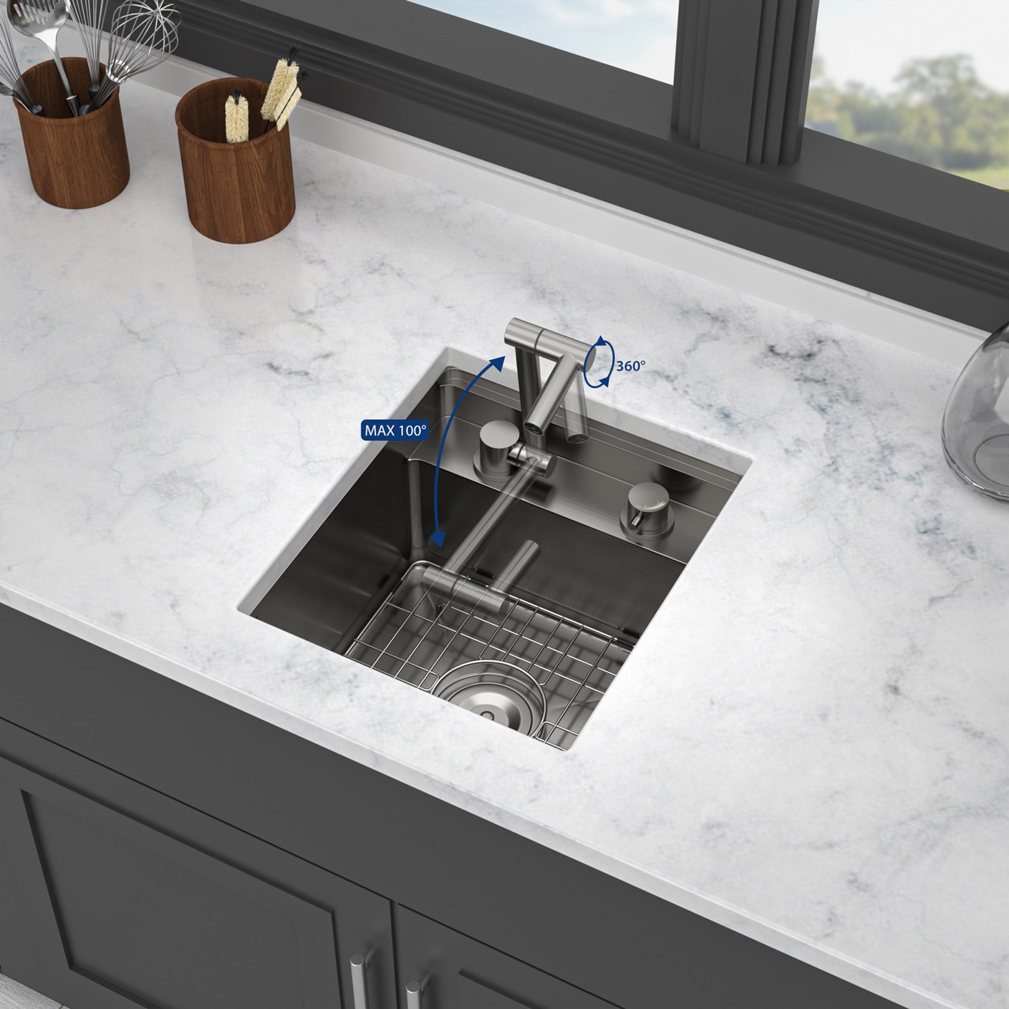 15" Undermount Bar/Prep Sink with Folding Faucet, 16 Gauge Stainless Steel