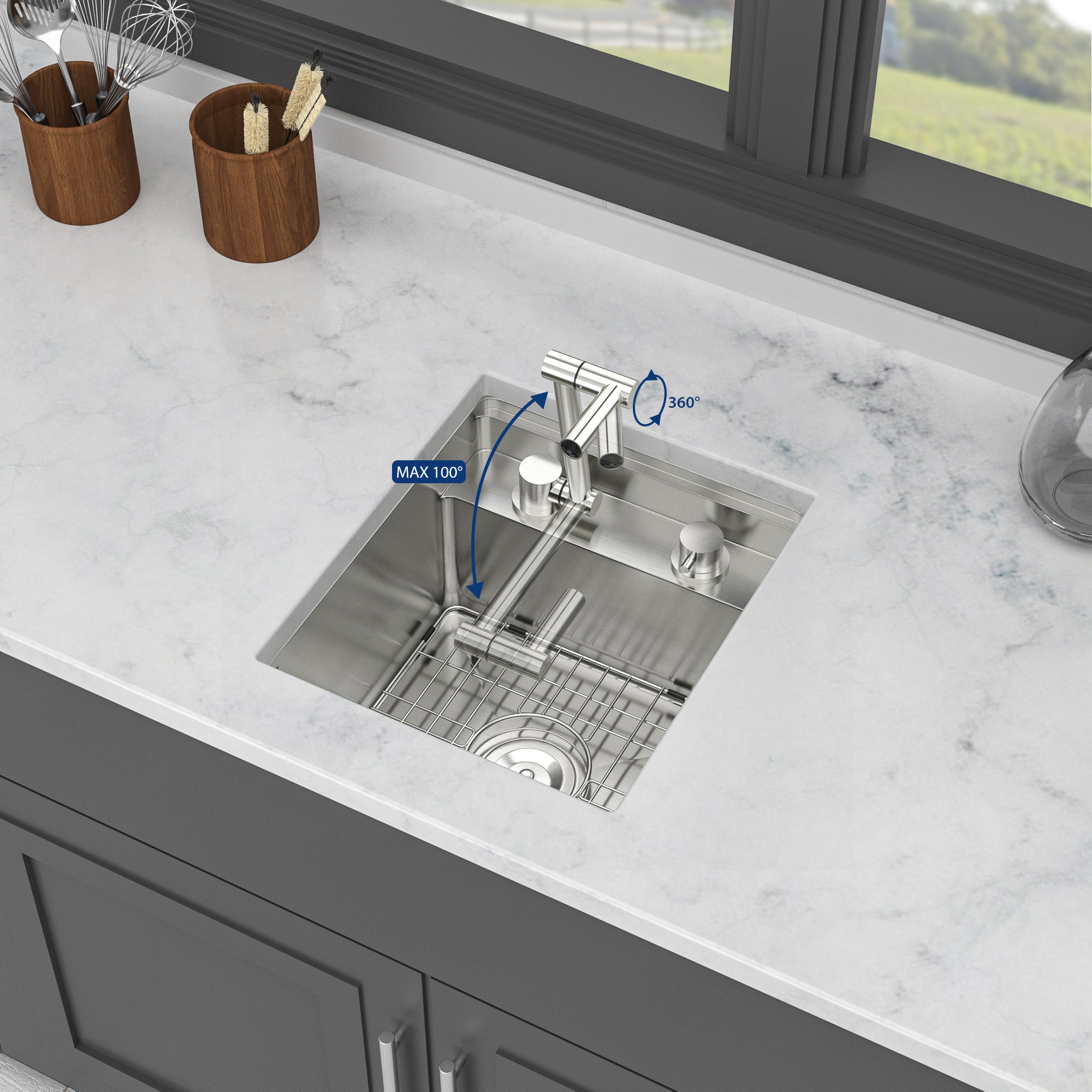15" Undermount Bar/Prep Sink with Folding Faucet, 16 Gauge Stainless Steel