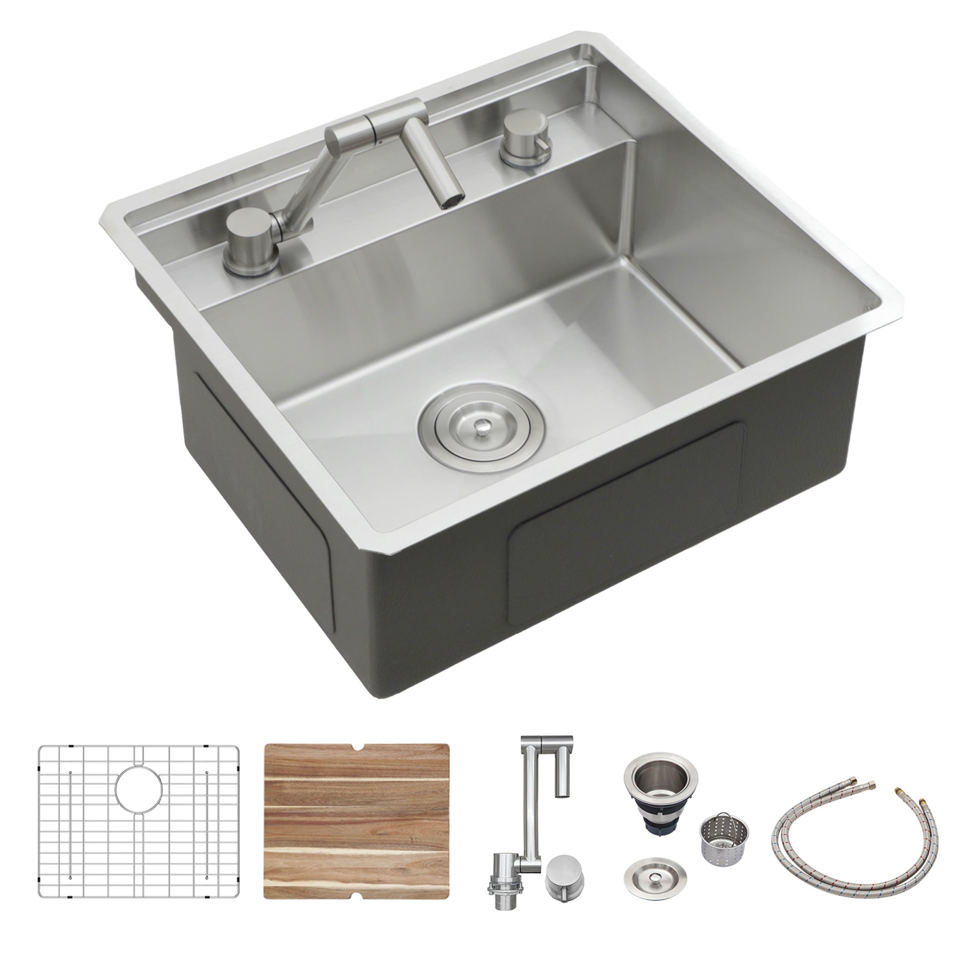 21” Undermount Workstation Bar Sink with Folding Faucet & Cutting Board, 16 Gauge Stainless Steel Single Bowl Prep Sink