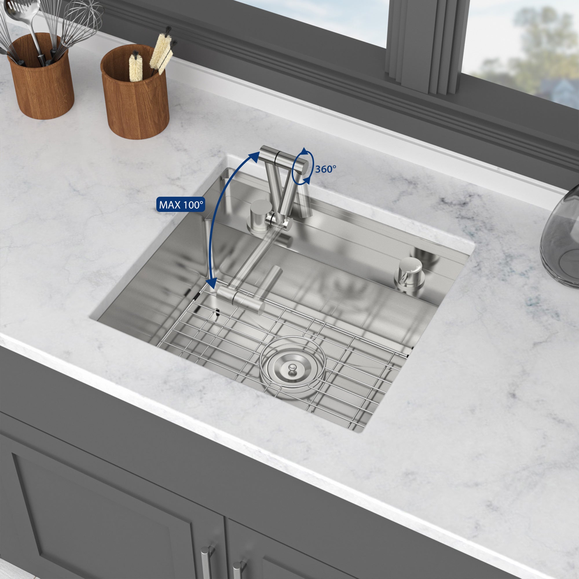 21” Undermount Workstation Bar Sink with Folding Faucet & Cutting Board, 16 Gauge Stainless Steel Single Bowl Prep Sink