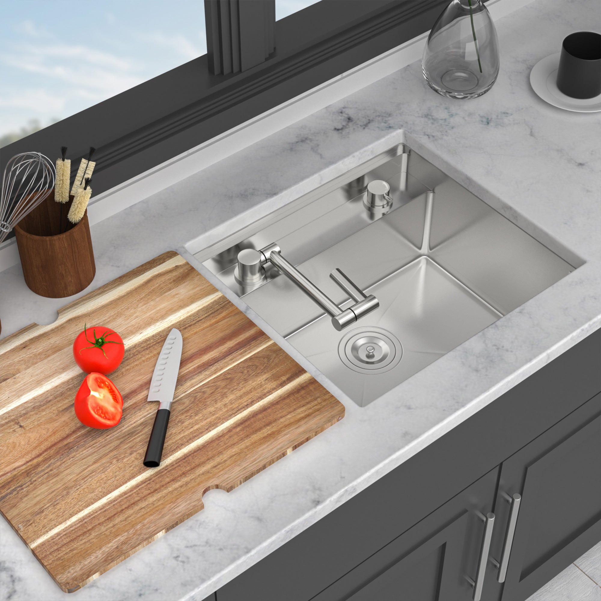21” Undermount Workstation Bar Sink with Folding Faucet & Cutting Board, 16 Gauge Stainless Steel Single Bowl Prep Sink
