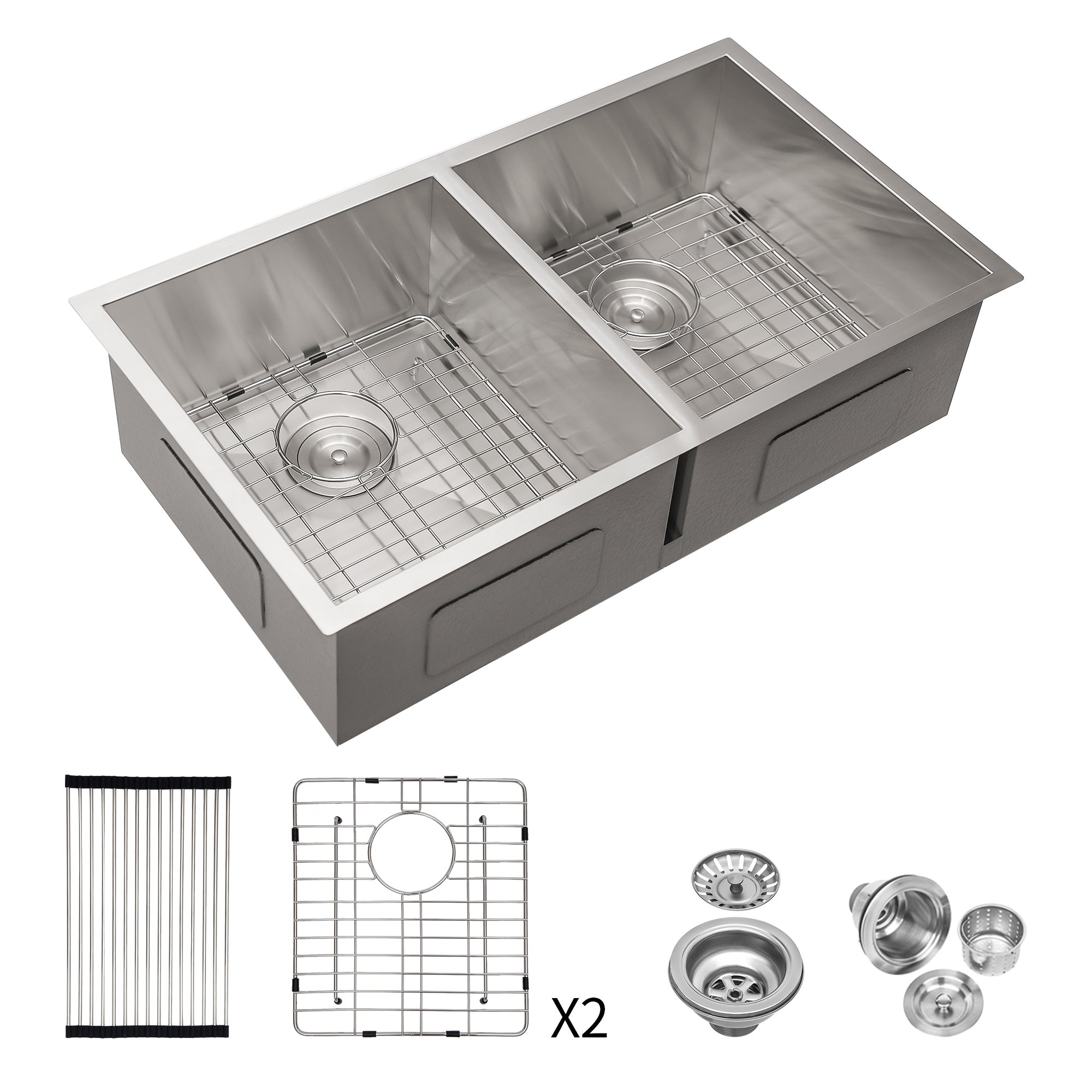 32" Undermount Double Bowl Kitchen Sink, 16 Gauge Stainless Steel, 50/50