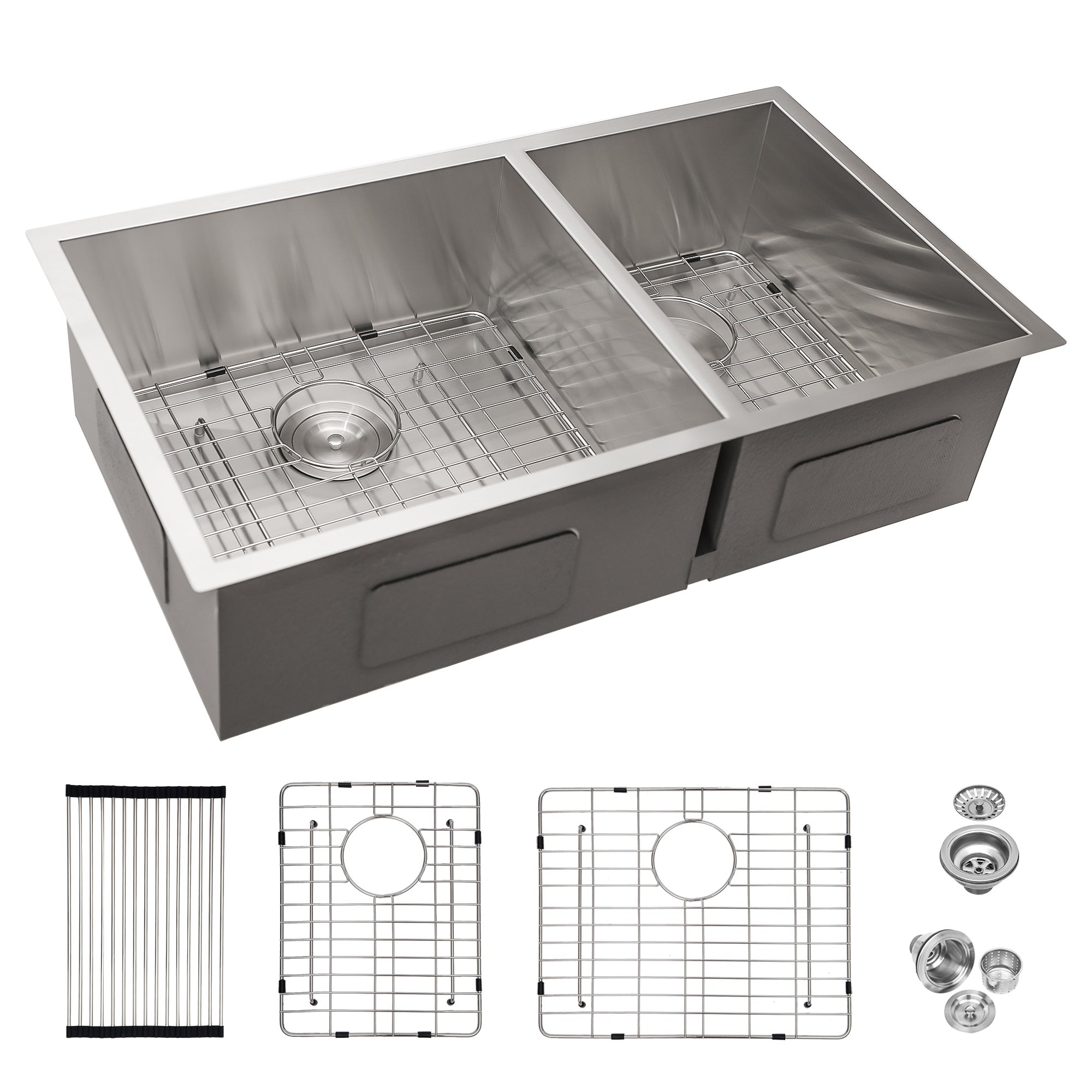 32" Undermount Double Bowl Kitchen Sink, 16 Gauge Stainless Steel, 50/50