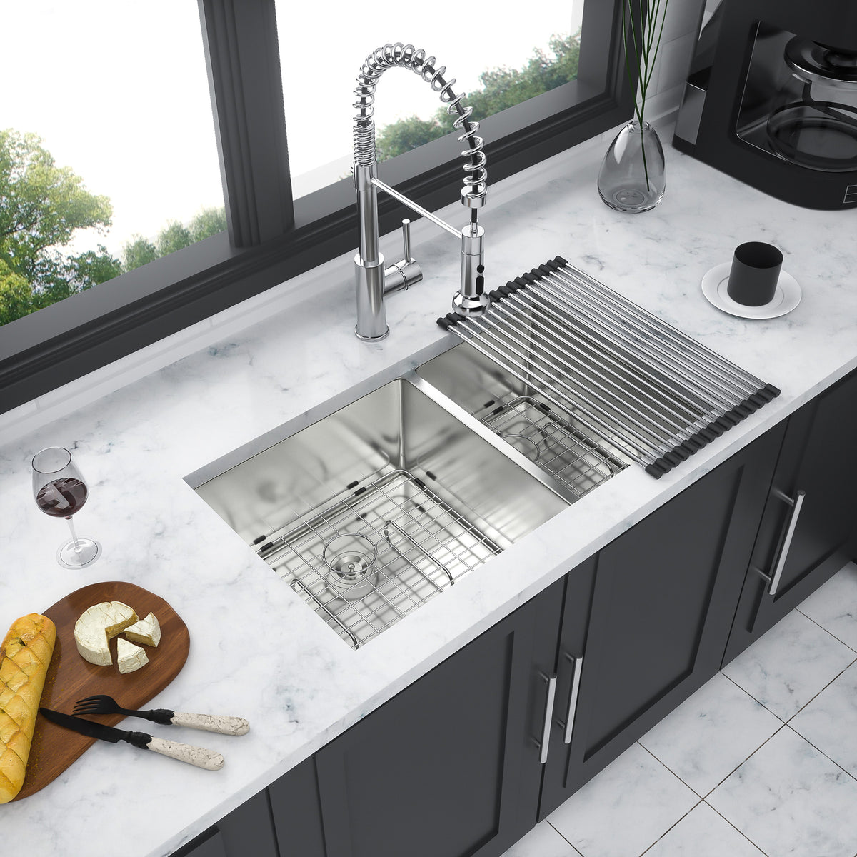 32" Undermount Double Bowl Kitchen Sink, 16 Gauge Stainless Steel, 50/50