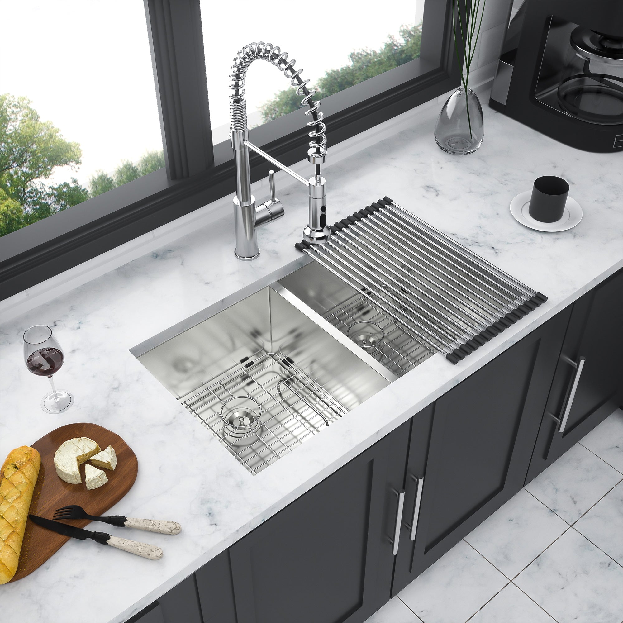 32" Undermount Double Bowl Kitchen Sink, 16 Gauge Stainless Steel, 50/50