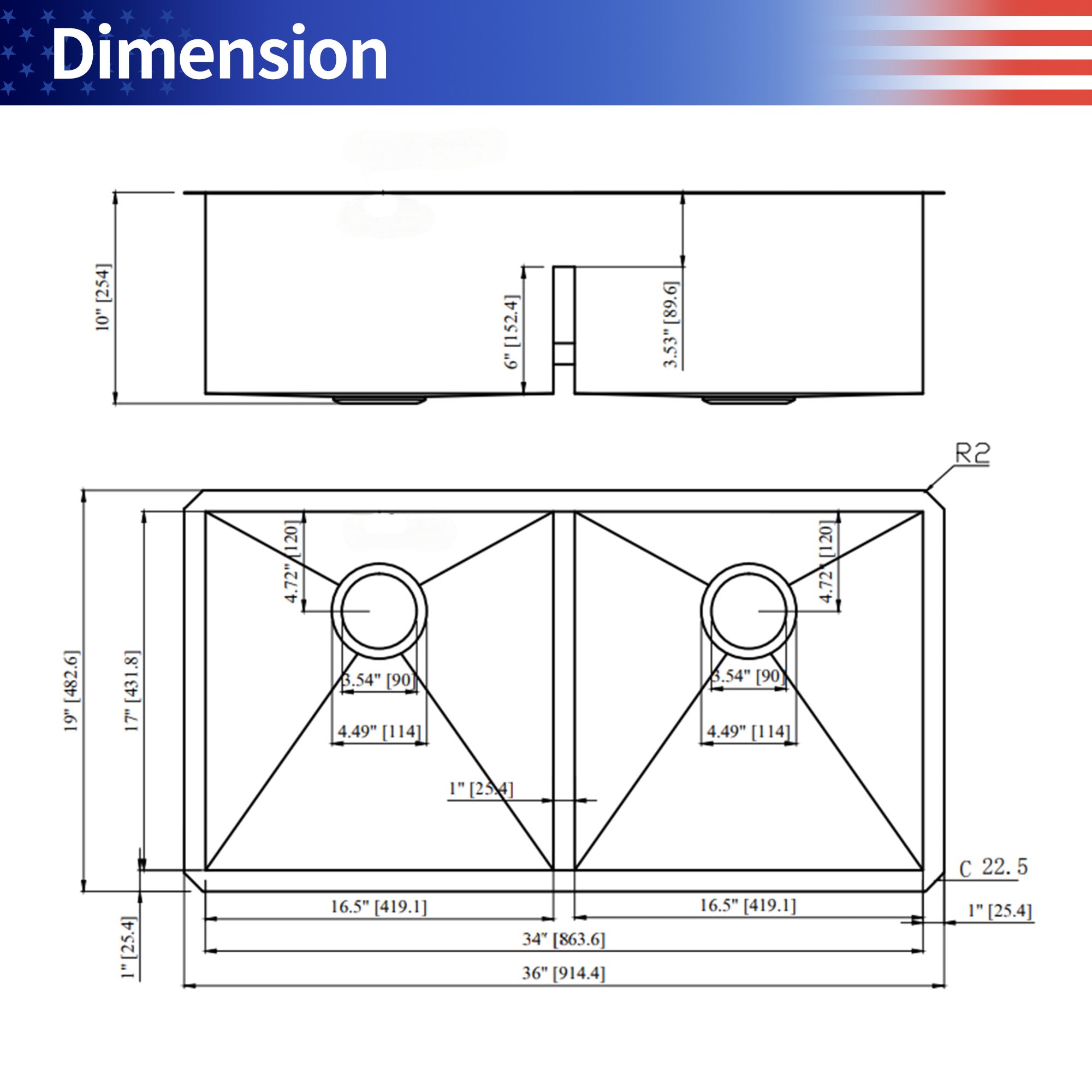 32" Undermount Double Bowl Kitchen Sink, 16 Gauge Stainless Steel, 50/50