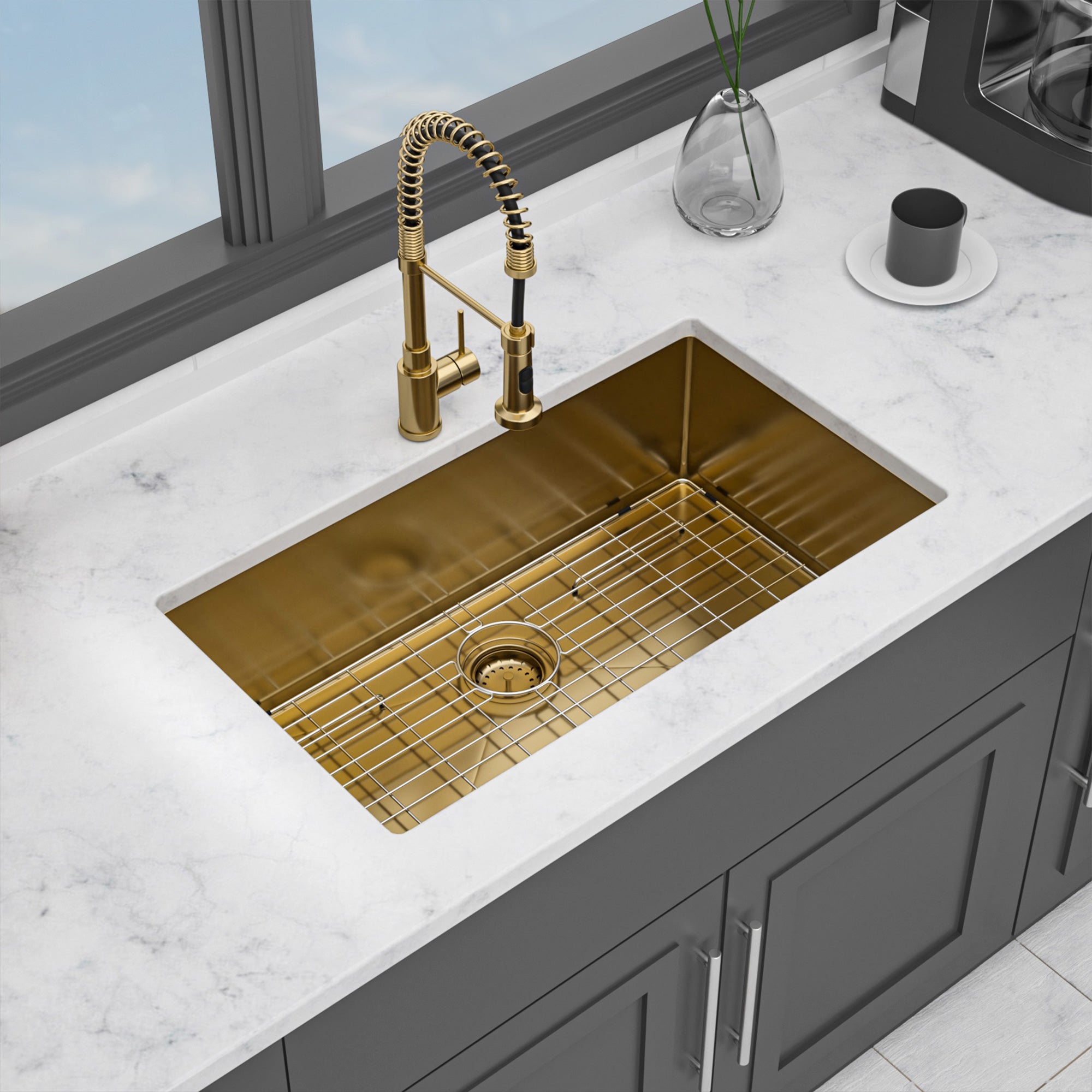 32" Undermount Single Bowl Kitchen Sink, 16 Gauge Gold Stainless Steel