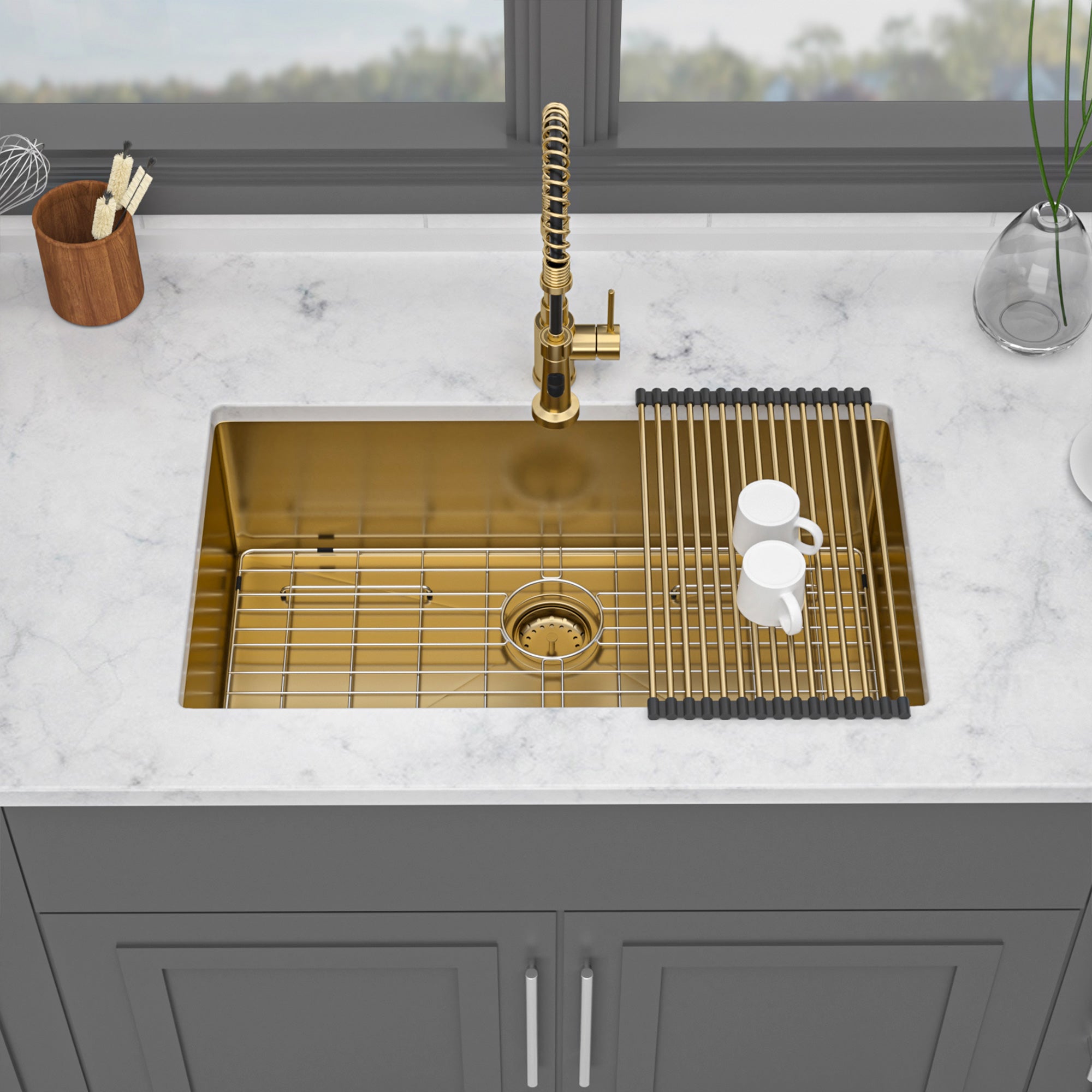 32" Undermount Single Bowl Kitchen Sink, 16 Gauge Gold Stainless Steel