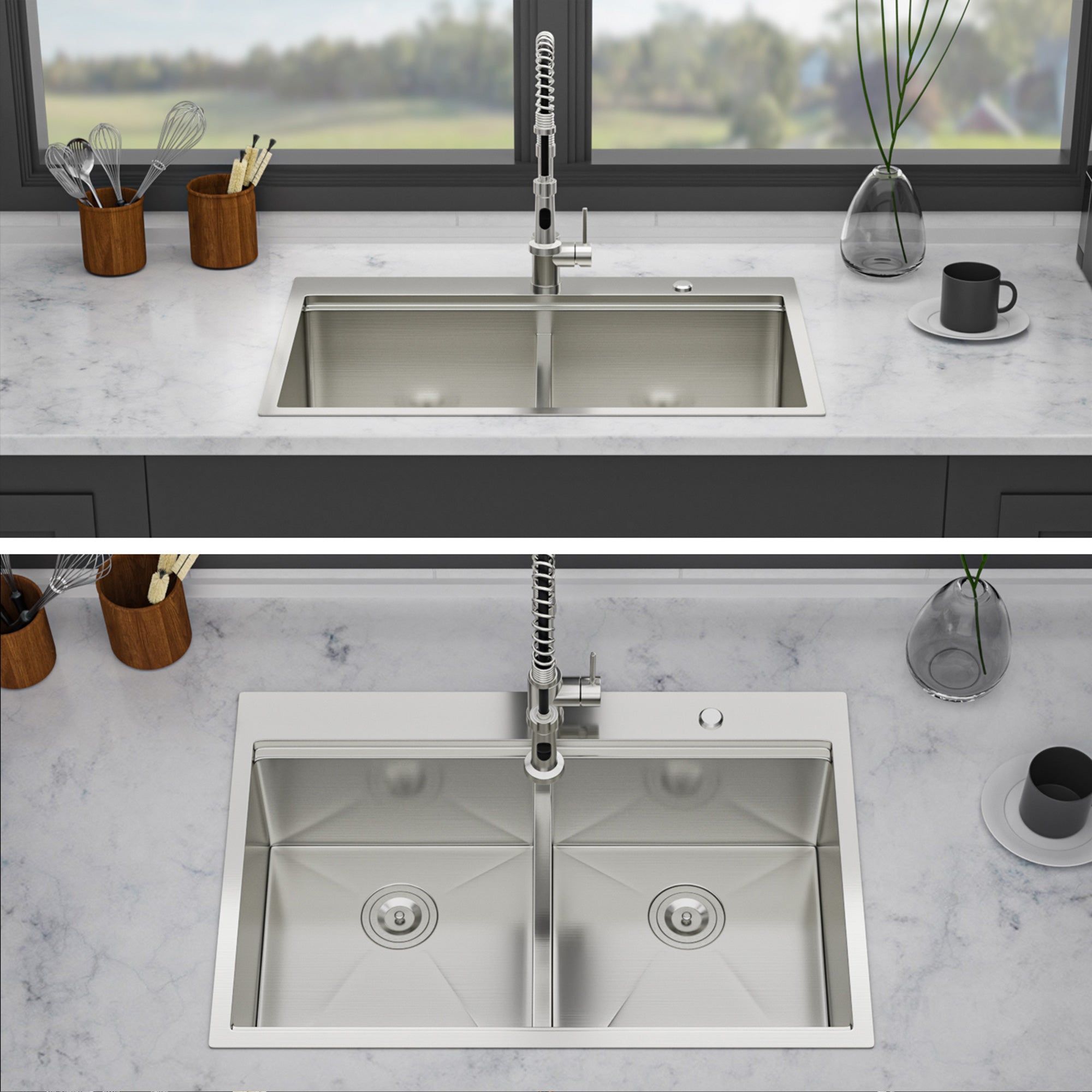 33" Drop-In Double Bowl Kitchen Sink, 16 Gauge Stainless Steel, 50/50