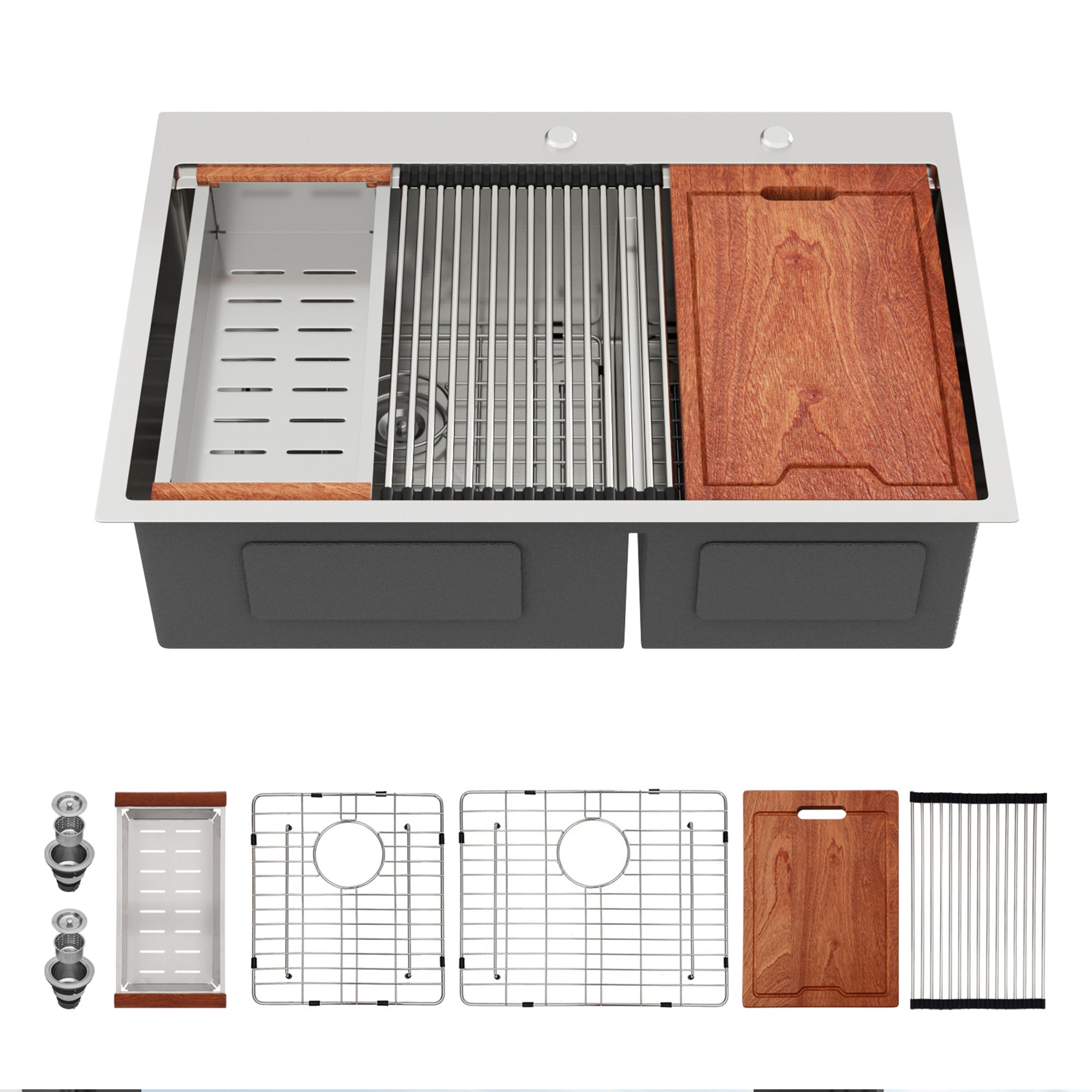 33" Drop-In Double Bowl Kitchen Sink, 16 Gauge Stainless Steel, 50/50