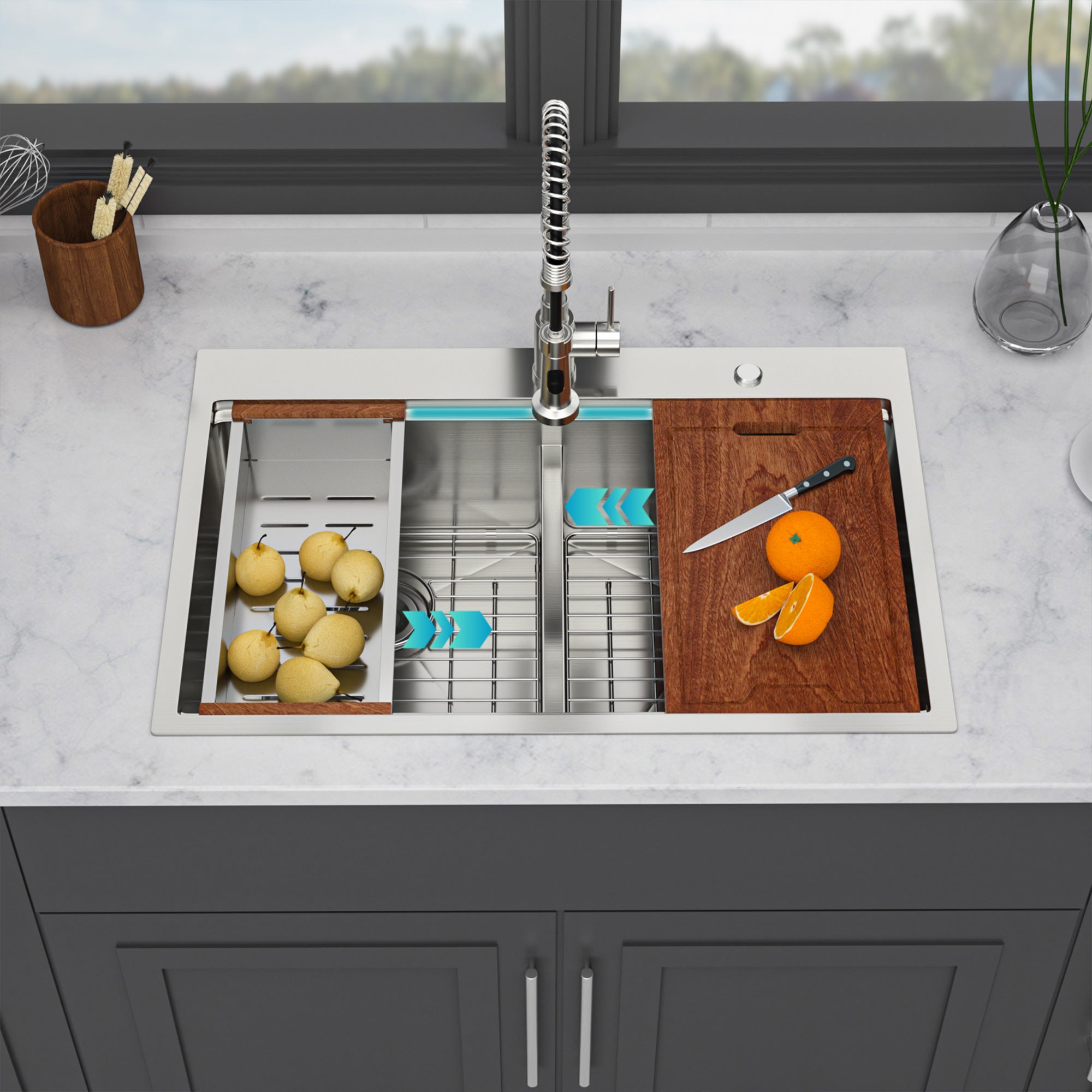 33" Drop-In Double Bowl Kitchen Sink, 16 Gauge Stainless Steel, 50/50
