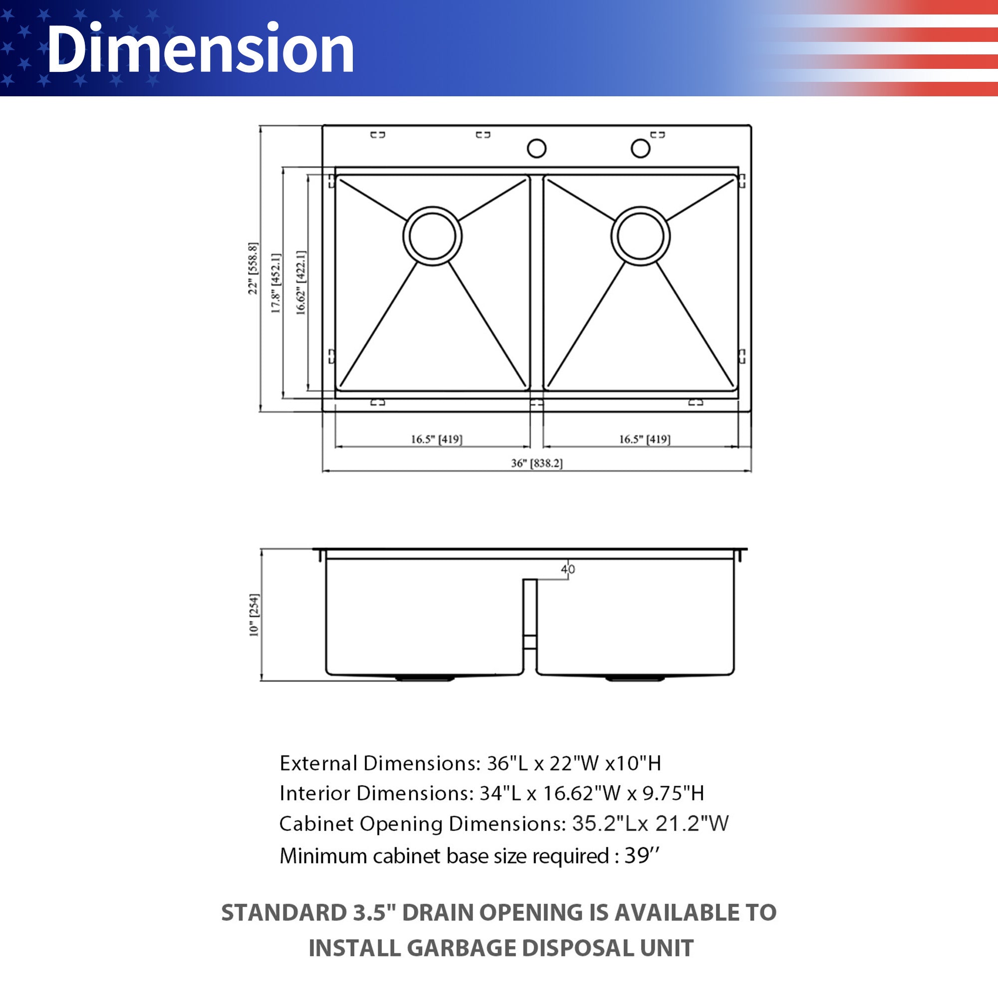 33" Drop-In Double Bowl Kitchen Sink, 16 Gauge Stainless Steel, 50/50