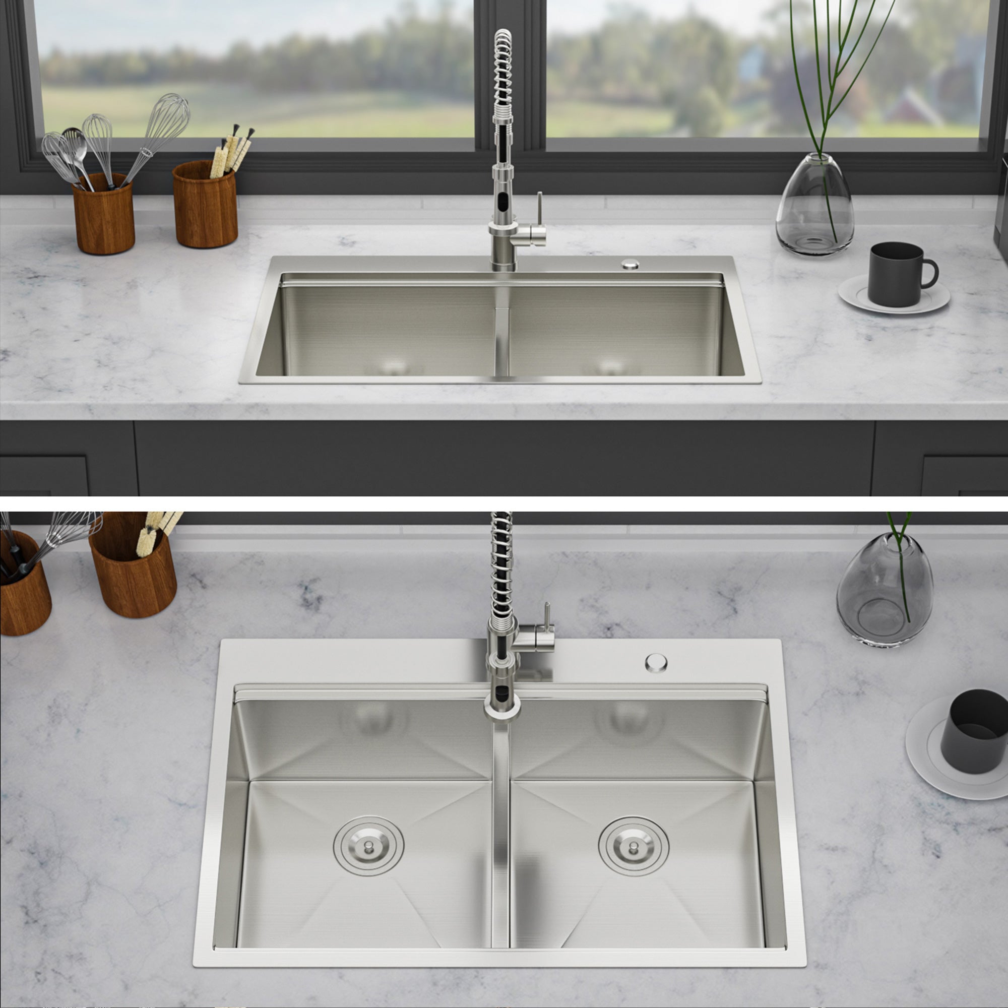 33" Drop-In Double Bowl Kitchen Sink, 16 Gauge Stainless Steel, 50/50