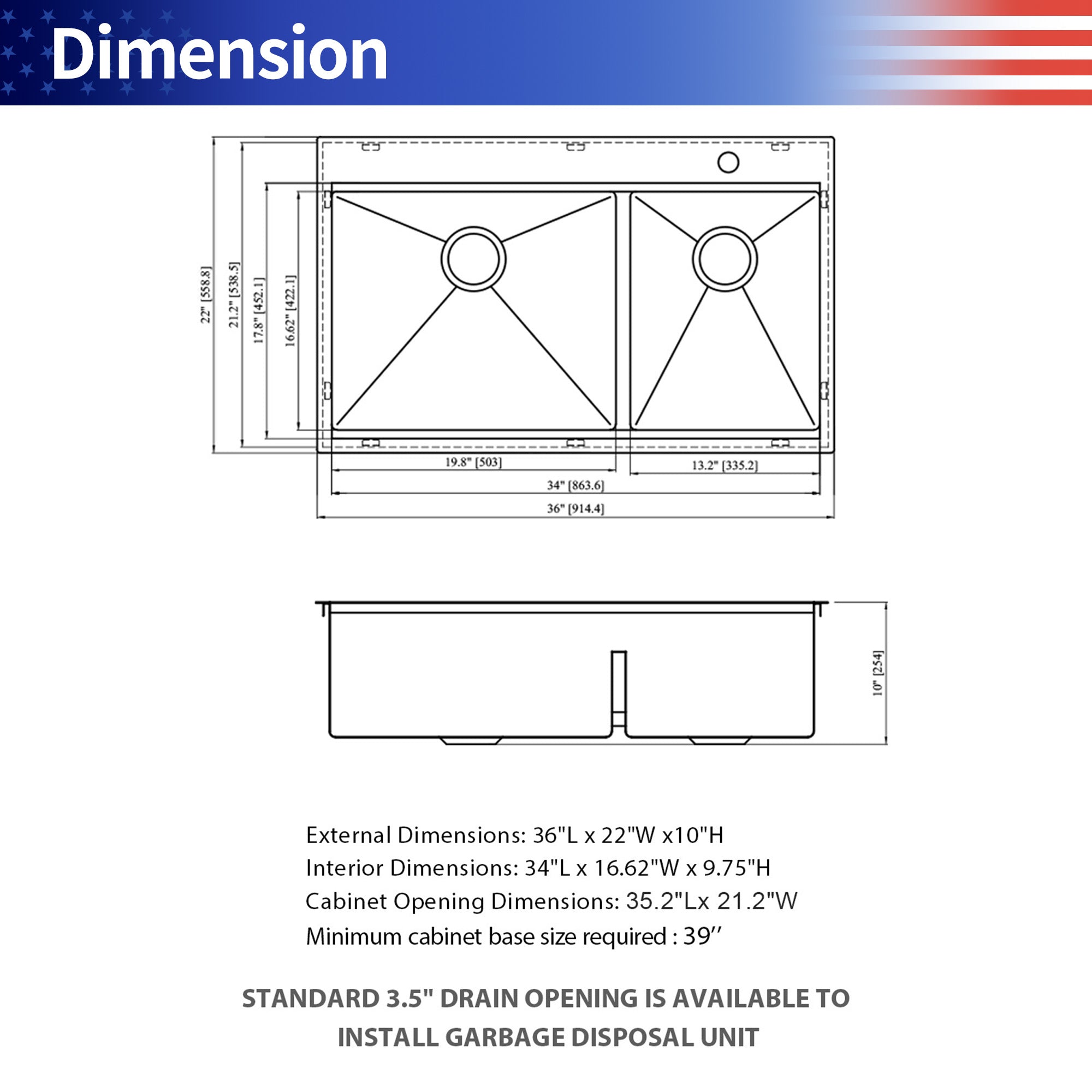 33" Drop-In Double Bowl Kitchen Sink, 16 Gauge Stainless Steel, 50/50