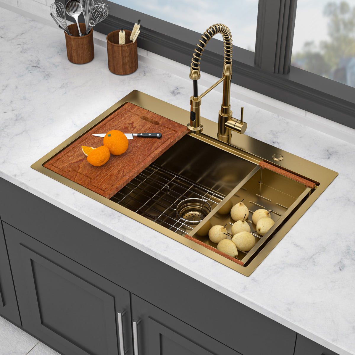 RAINLEX 33 in. Drop-In Single Bowl Workstation Sink in Gold Stainless Steel