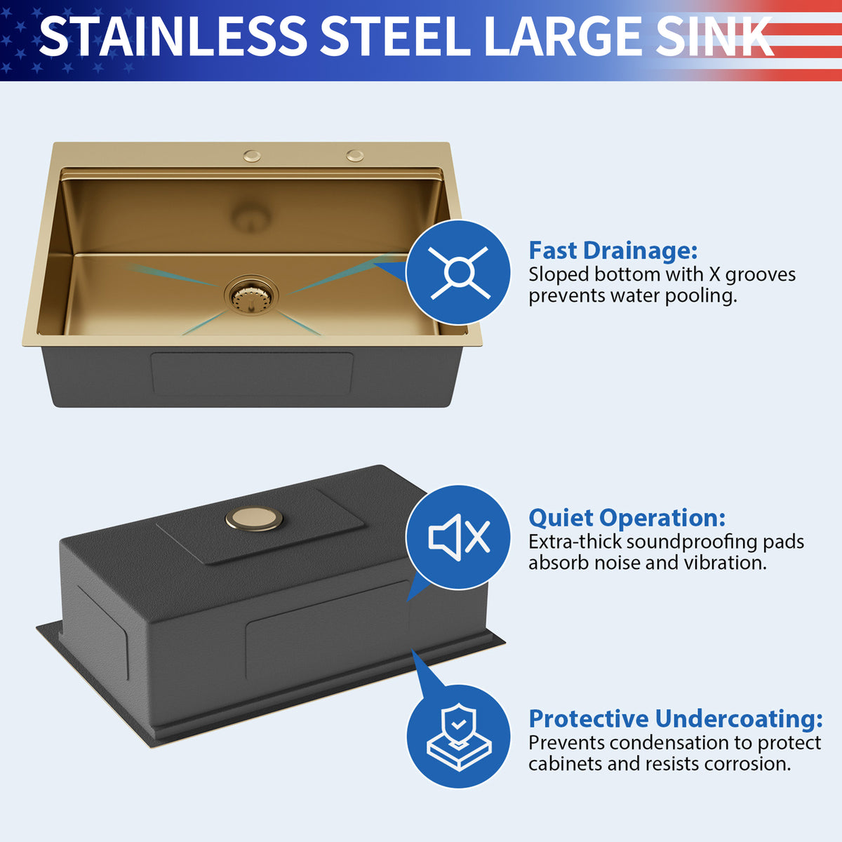RAINLEX 33 in. Drop-In Single Bowl Workstation Sink in Gold Stainless Steel