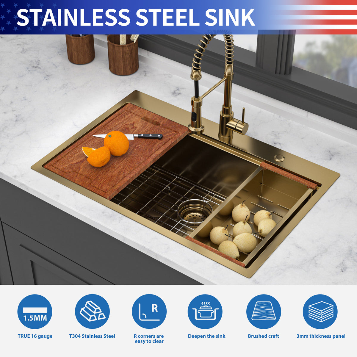 RAINLEX 33 in. Drop-In Single Bowl Workstation Sink in Gold Stainless Steel