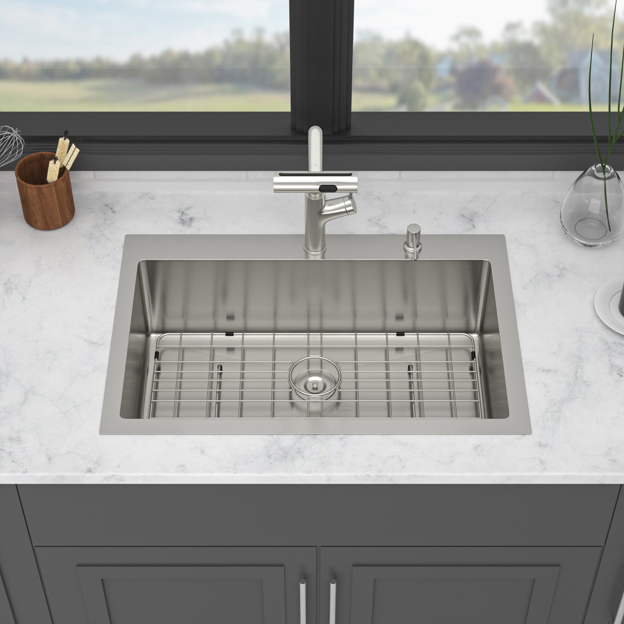 30" Drop-In Single Bowl Kitchen Sink with Pull-Out Faucet, Stainless Steel