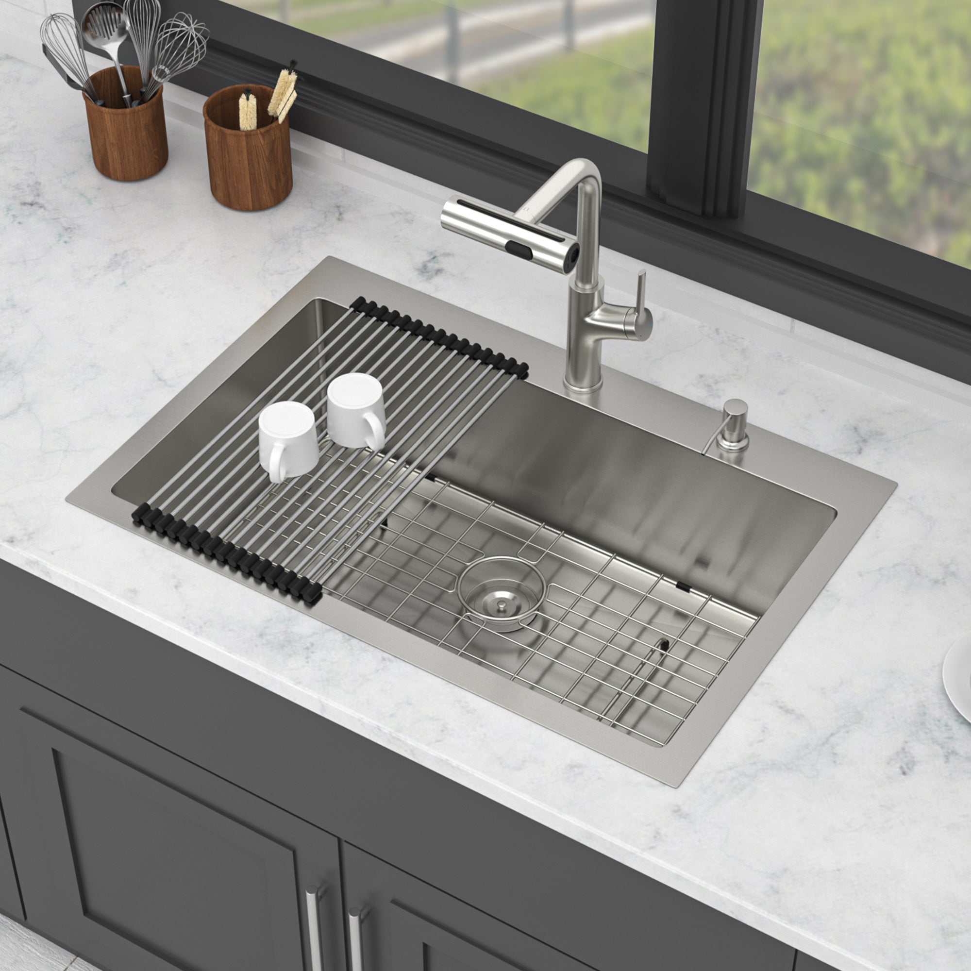 30" Drop-In Single Bowl Kitchen Sink with Pull-Out Faucet, Stainless Steel