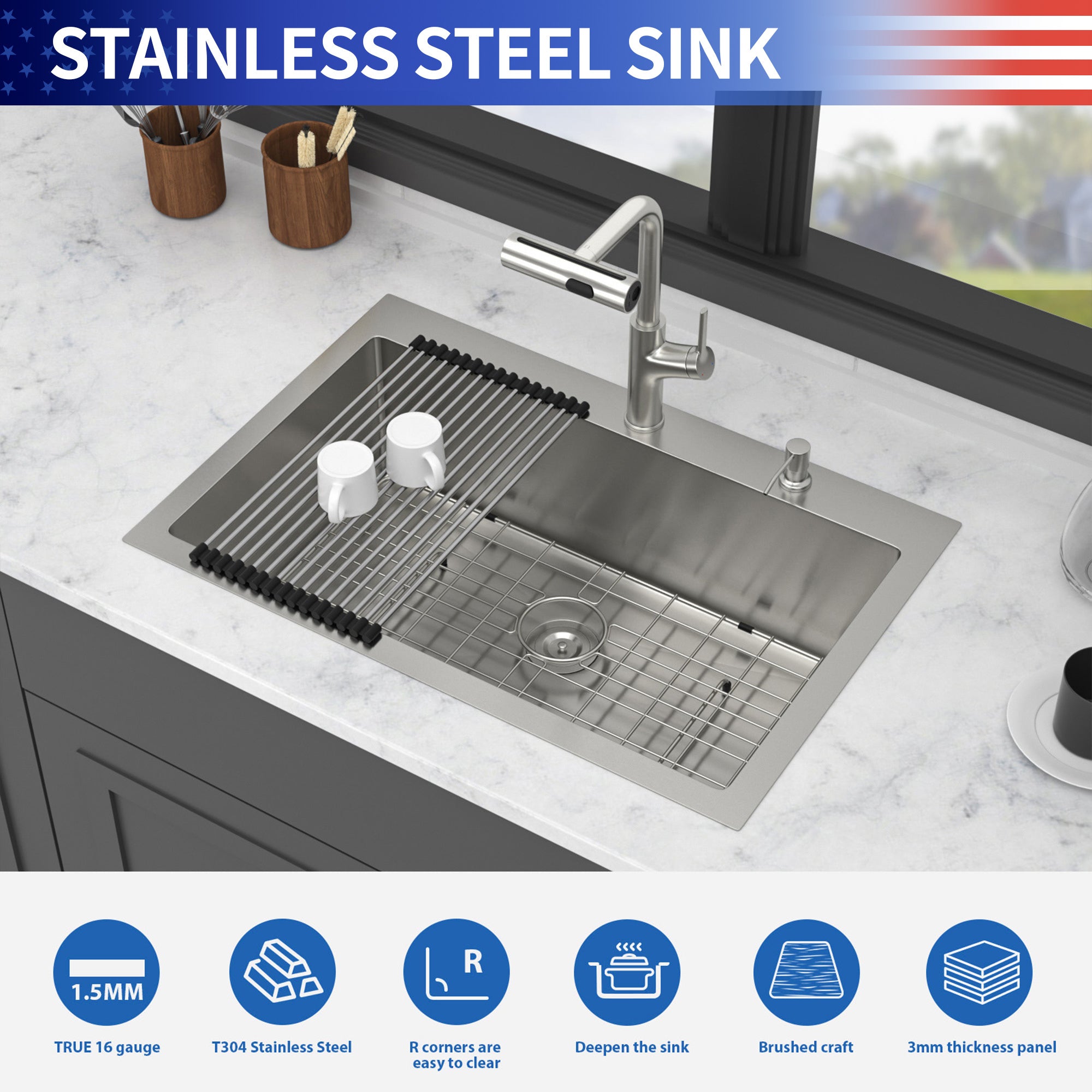 30" Drop-In Single Bowl Kitchen Sink with Pull-Out Faucet, Stainless Steel