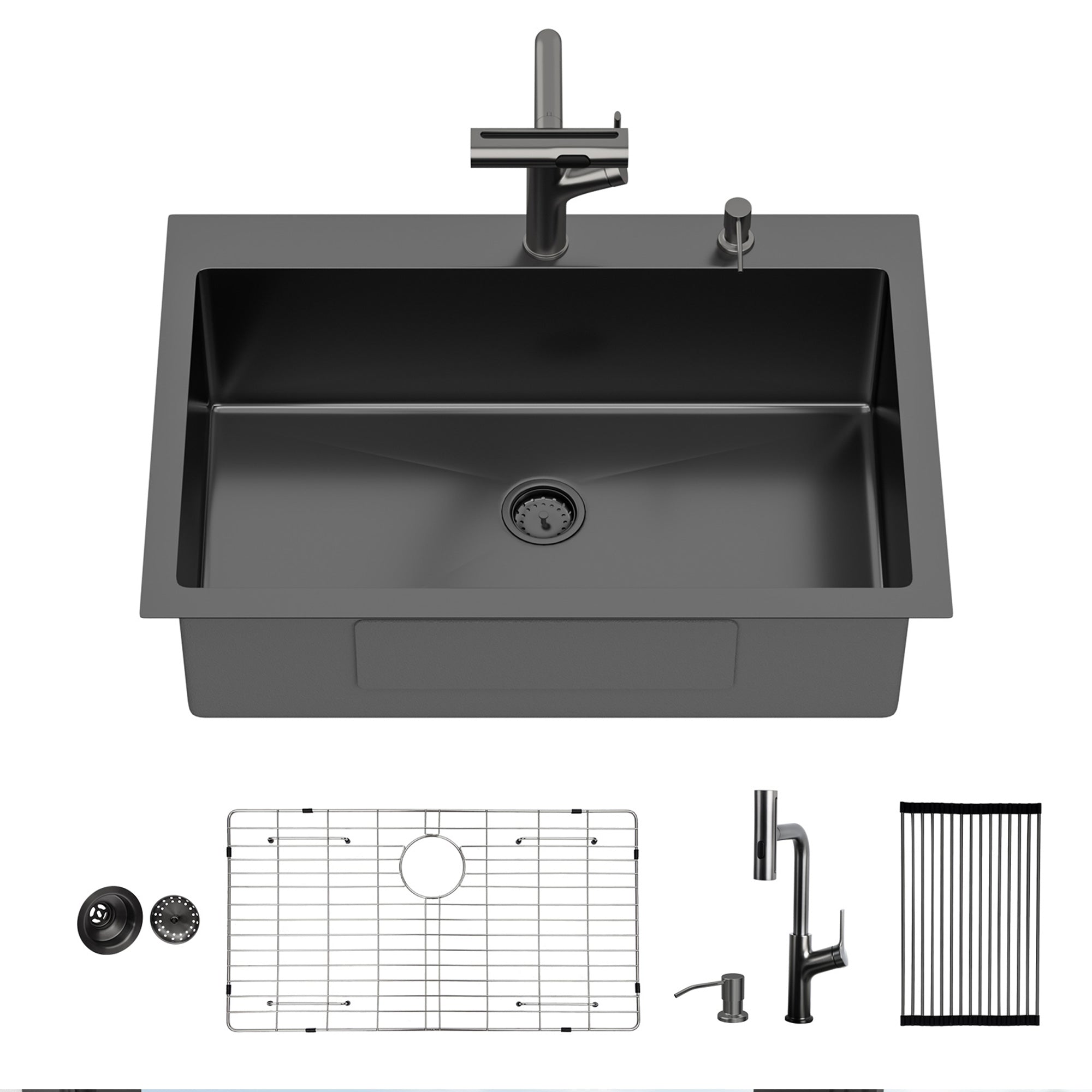 30" Drop-In Gunmetal Black Kitchen Sink with Pull-Out Faucet & Soap Dispenser – 16 Gauge Stainless Steel Topmount Single Bowl Sink