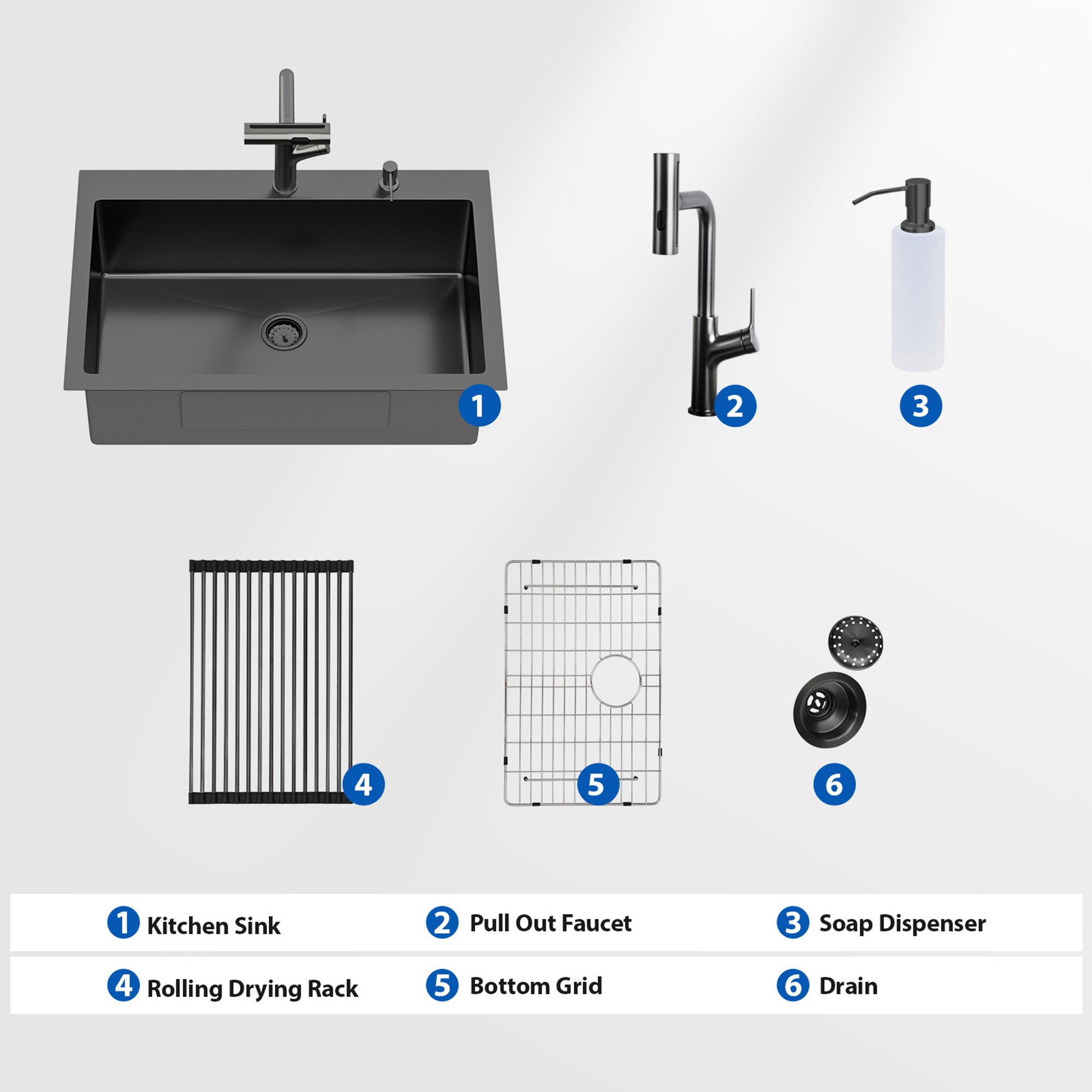30" Drop-In Gunmetal Black Kitchen Sink with Pull-Out Faucet & Soap Dispenser – 16 Gauge Stainless Steel Topmount Single Bowl Sink