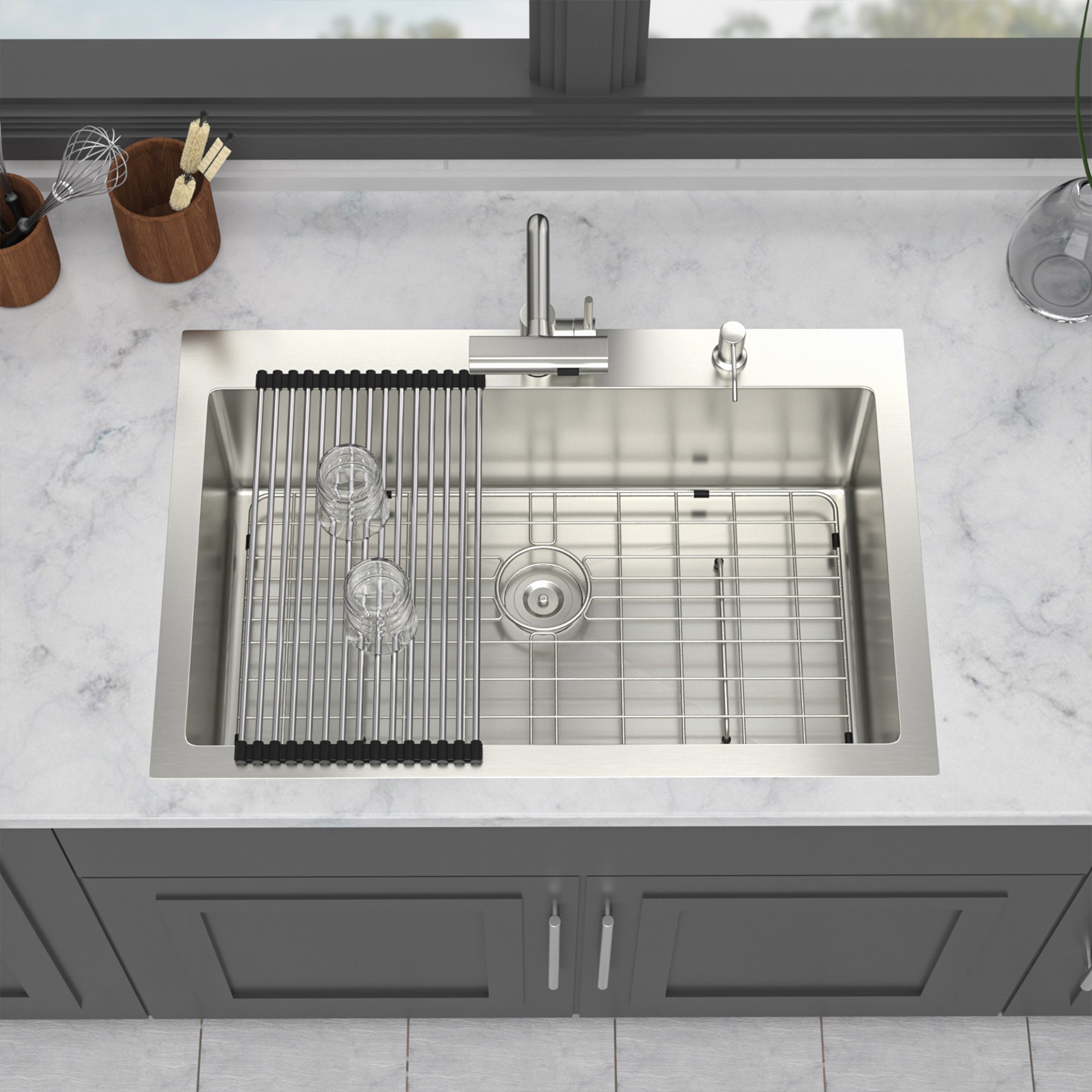 30" Drop-In Gunmetal Black Kitchen Sink with Pull-Out Faucet & Soap Dispenser – 16 Gauge Stainless Steel Topmount Single Bowl Sink