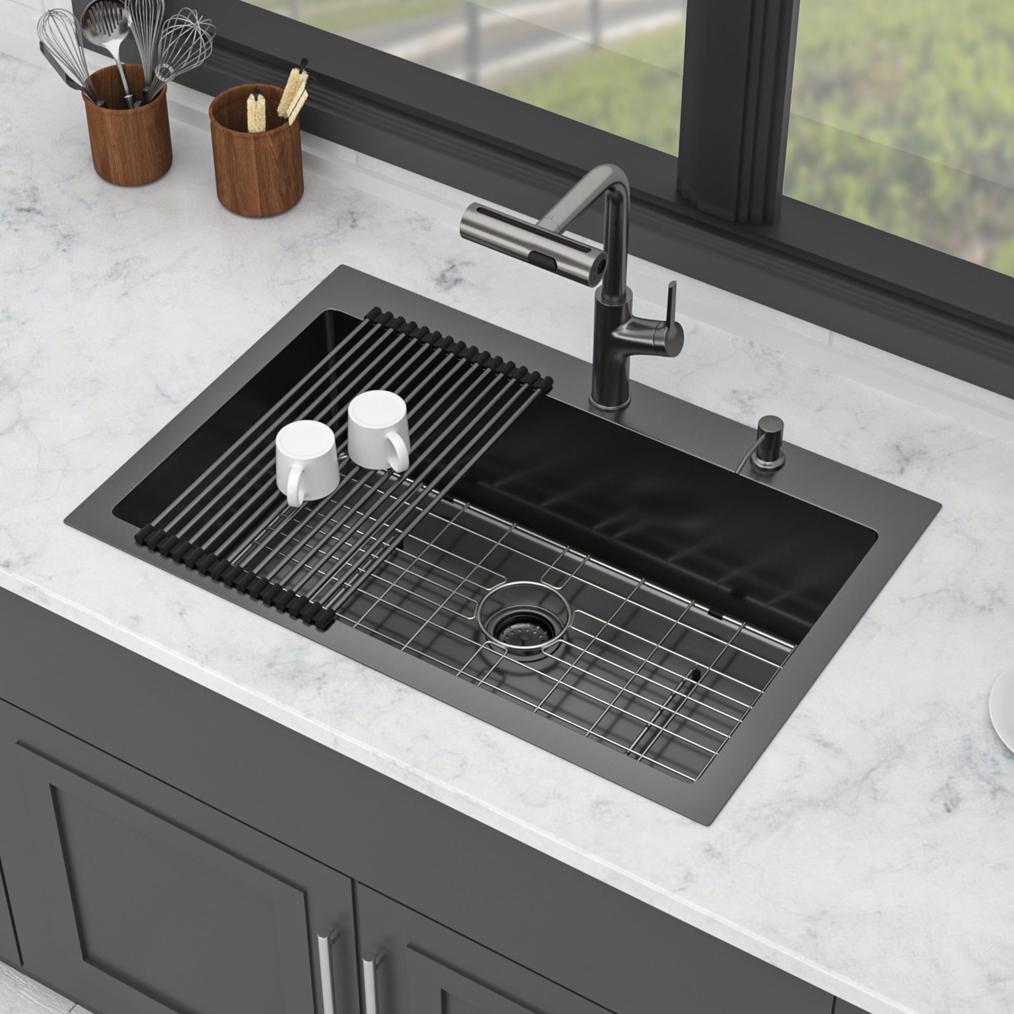 30" Drop-In Gunmetal Black Kitchen Sink with Pull-Out Faucet & Soap Dispenser – 16 Gauge Stainless Steel Topmount Single Bowl Sink