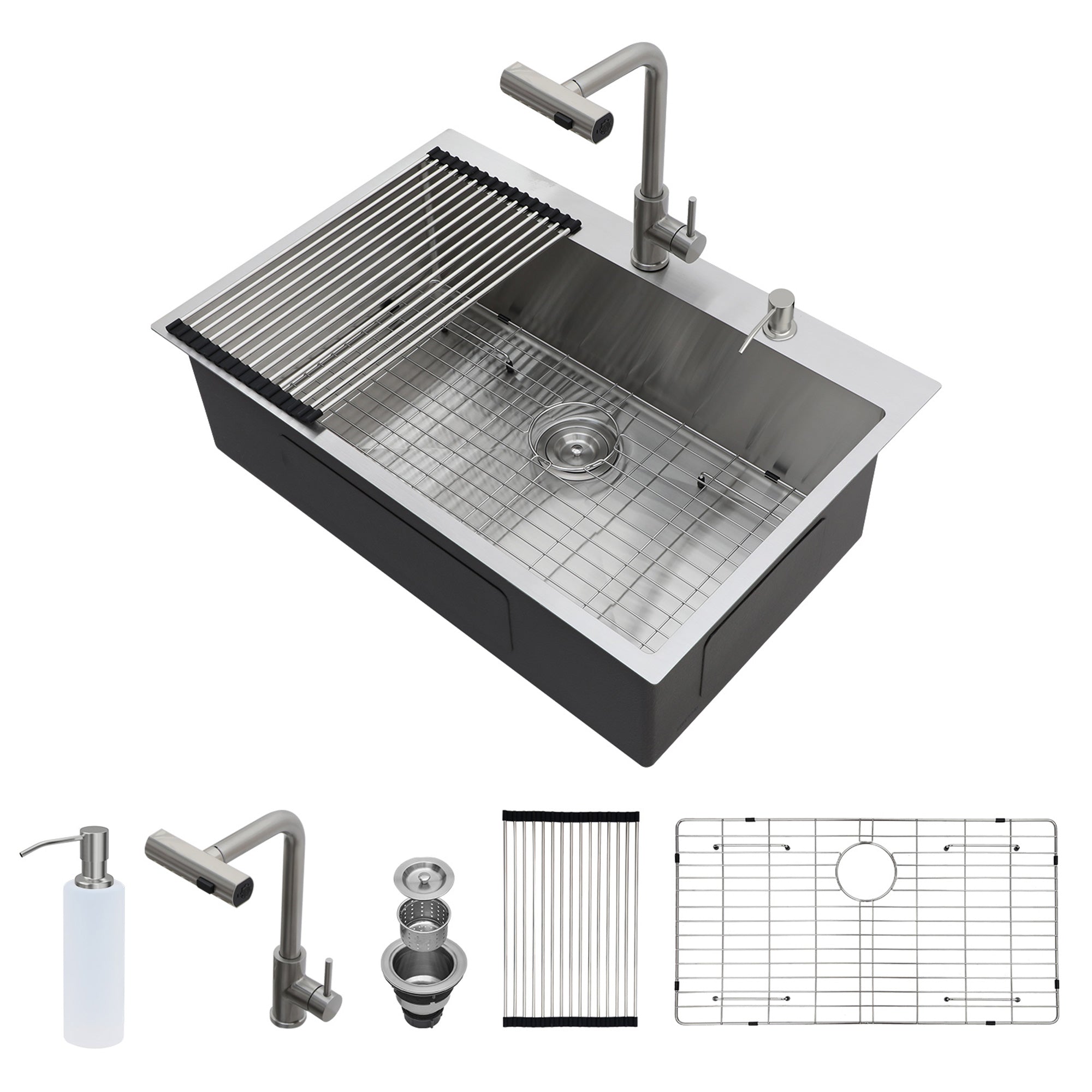 30" Drop-In Gunmetal Black Kitchen Sink with Pull-Out Faucet & Soap Dispenser – 16 Gauge Stainless Steel Topmount Single Bowl Sink