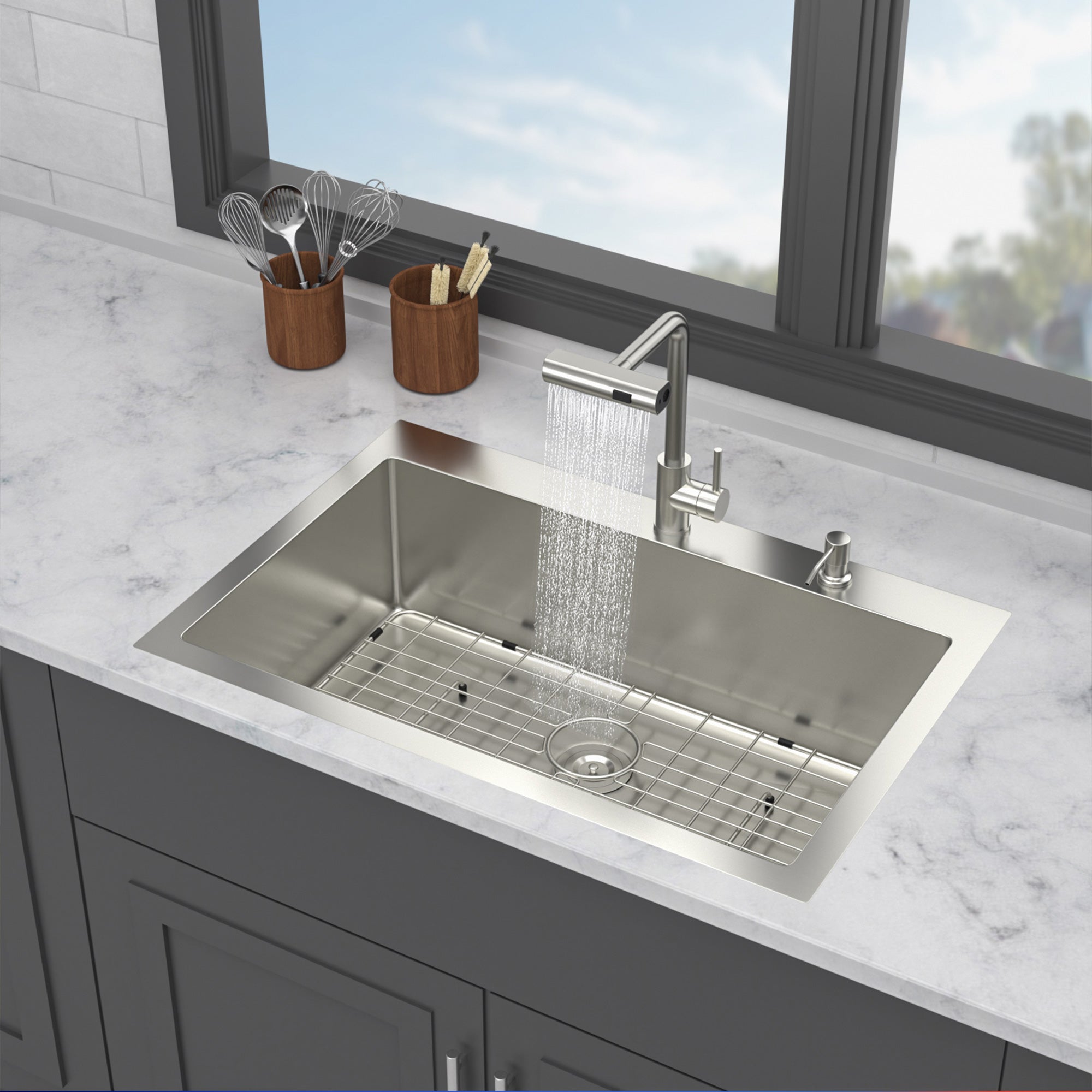 30" Drop-In Gunmetal Black Kitchen Sink with Pull-Out Faucet & Soap Dispenser – 16 Gauge Stainless Steel Topmount Single Bowl Sink
