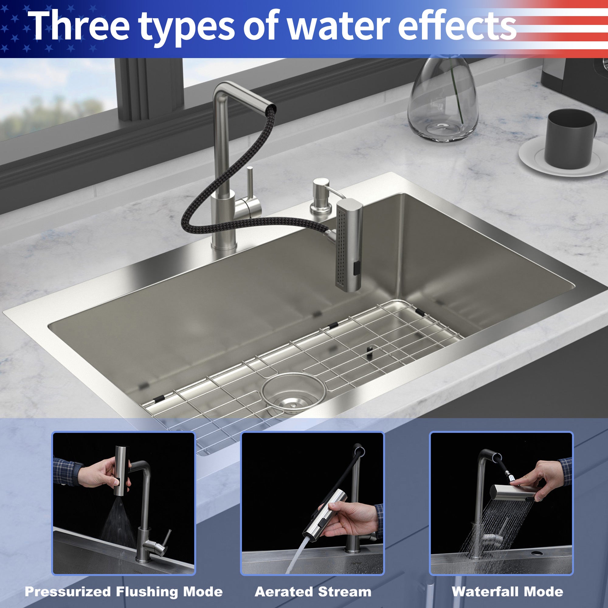 30" Drop-In Gunmetal Black Kitchen Sink with Pull-Out Faucet & Soap Dispenser – 16 Gauge Stainless Steel Topmount Single Bowl Sink
