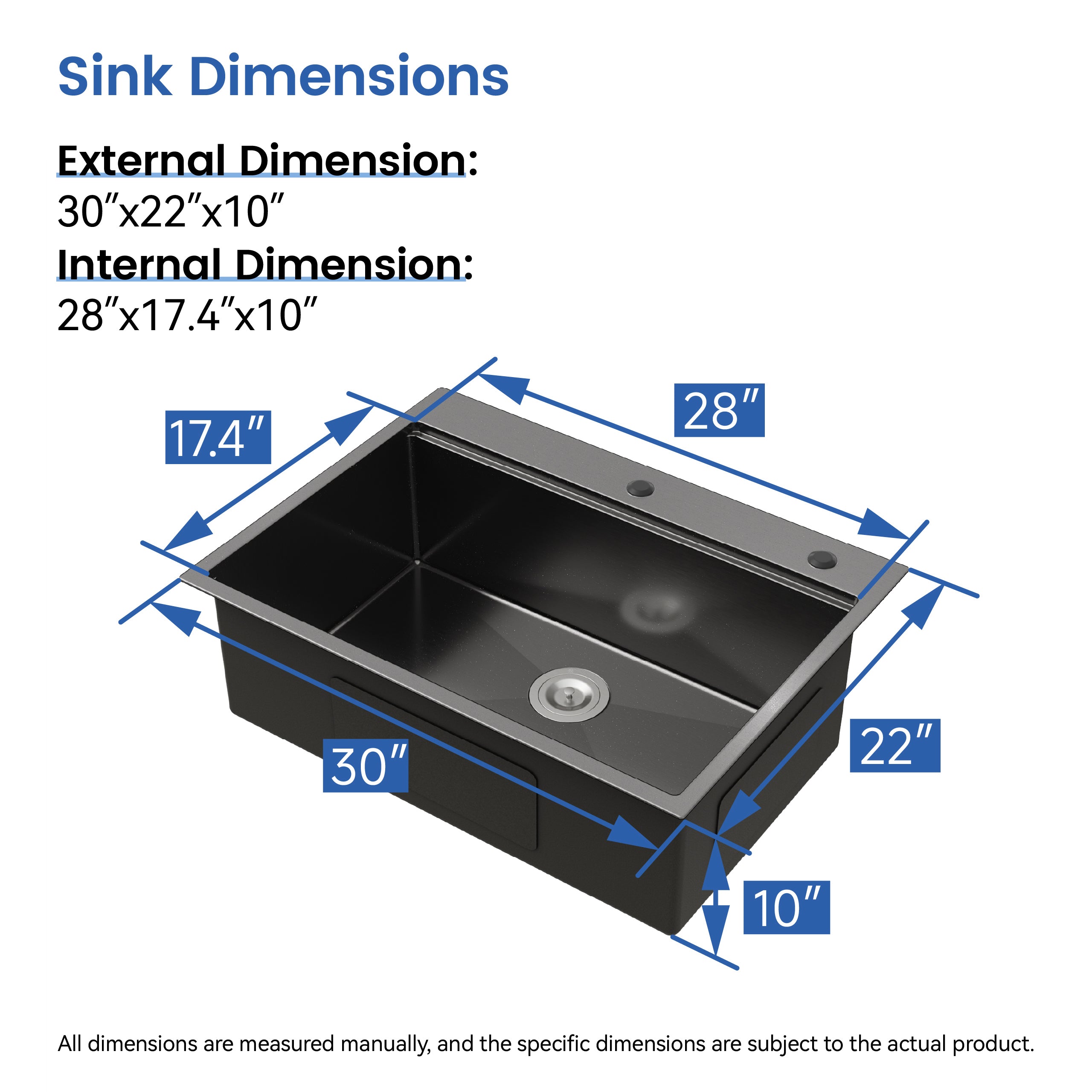 30" x 22" Drop-In Single Bowl Workstation Sink, 16 Gauge Black Stainless Steel