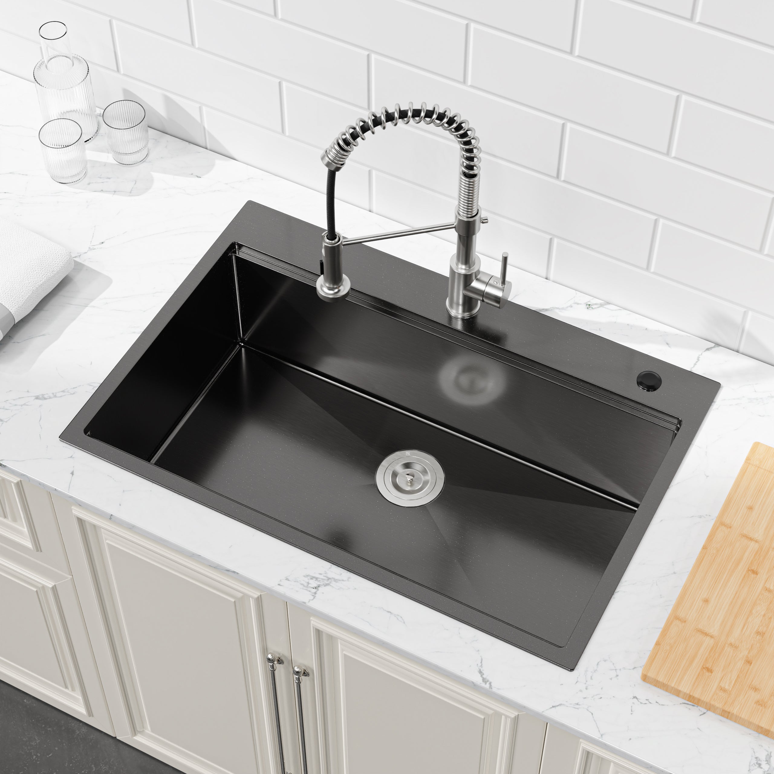 30" x 22" Drop-In Single Bowl Workstation Sink, 16 Gauge Black Stainless Steel