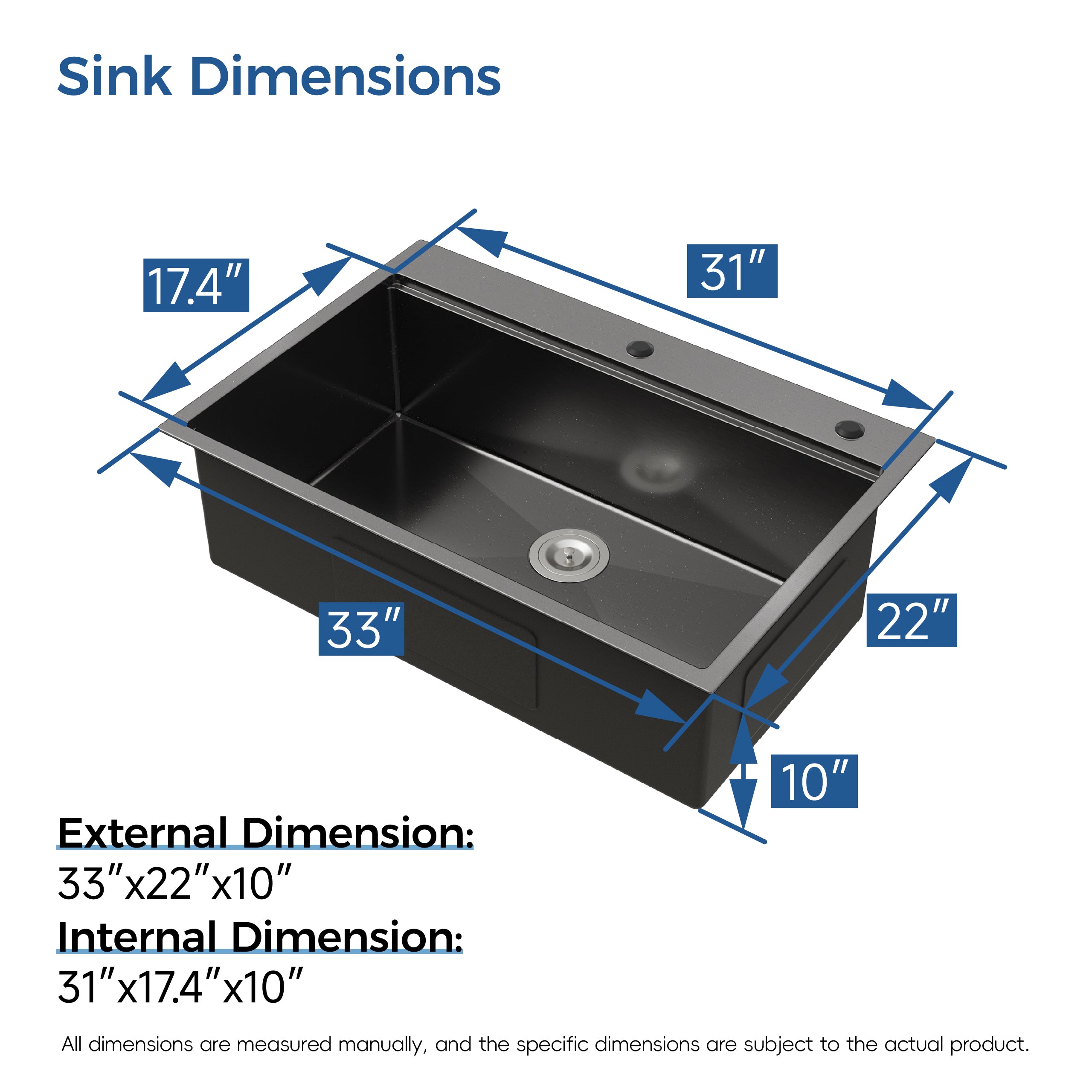 30" x 22" Drop-In Single Bowl Workstation Sink, 16 Gauge Black Stainless Steel